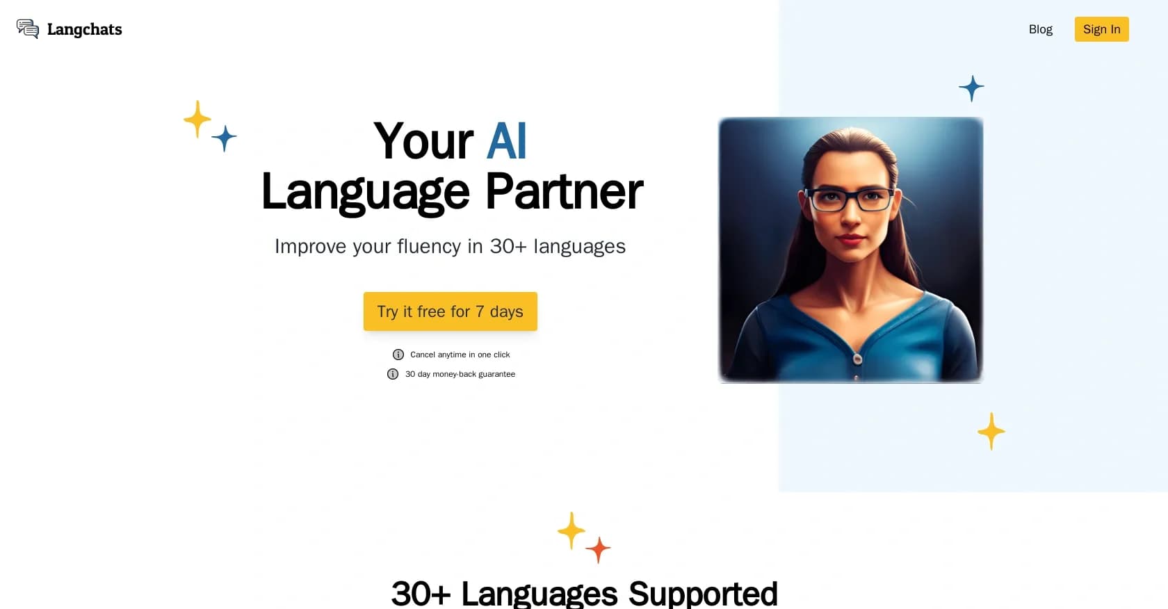 Langchats homepage screenshot — Your AI language partner for 30+ languages