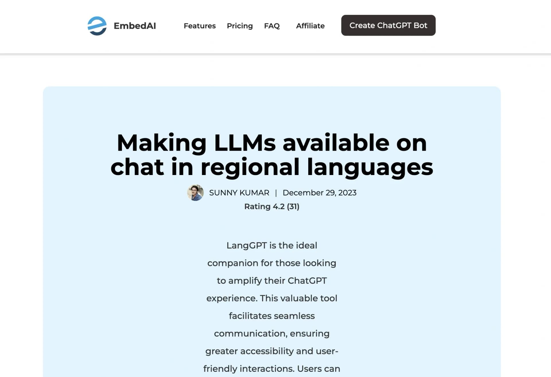 LangGPT homepage screenshot — ChatGPT in your language, with advanced features.