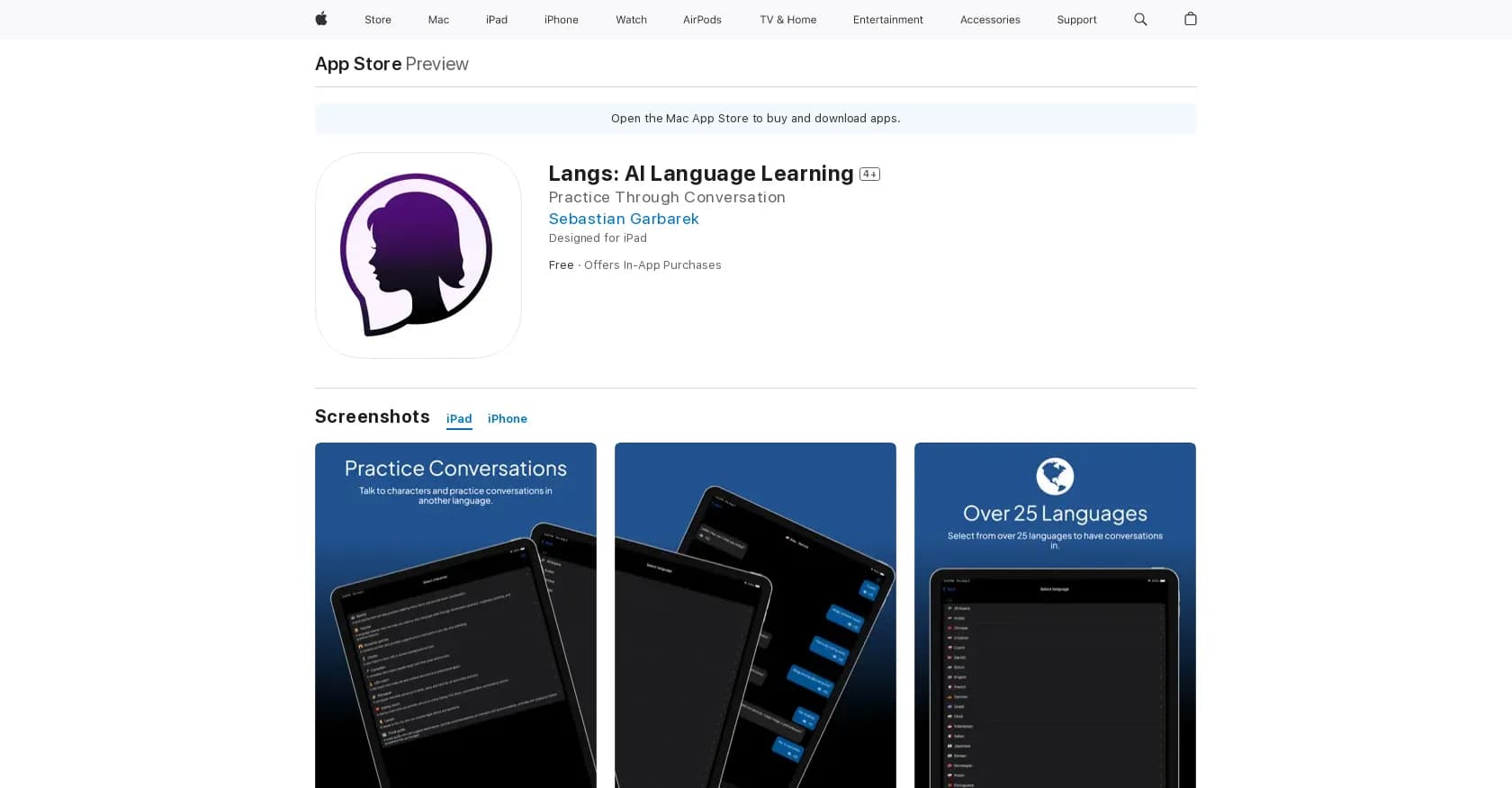 Langs homepage screenshot — Language learning resources on Apple devices.