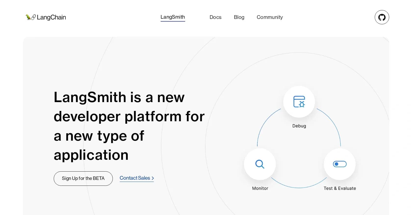 LangSmith homepage screenshot — Developer platform for building LLM applications