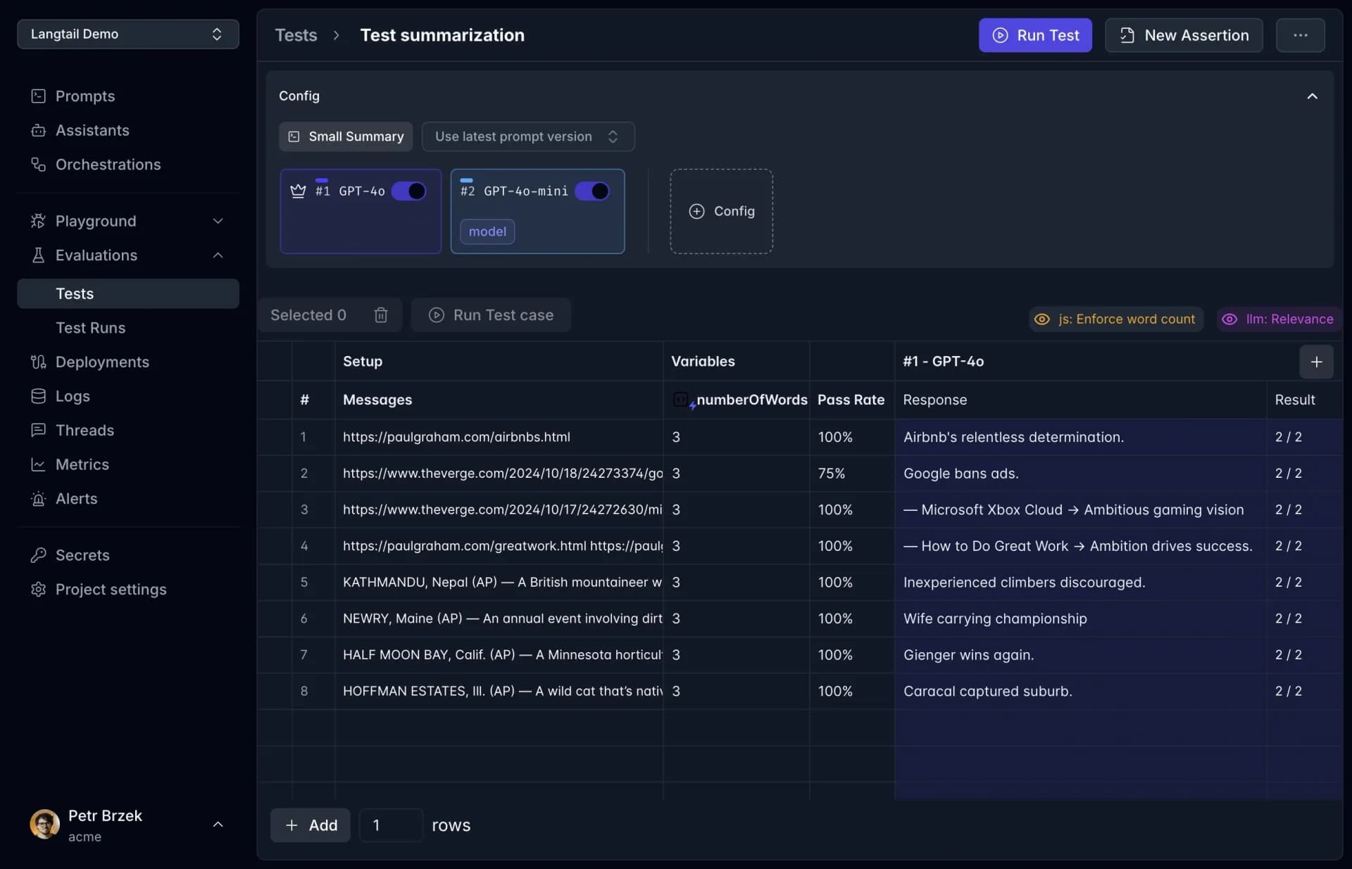 Langtail homepage screenshot — The low-code platform for testing AI apps