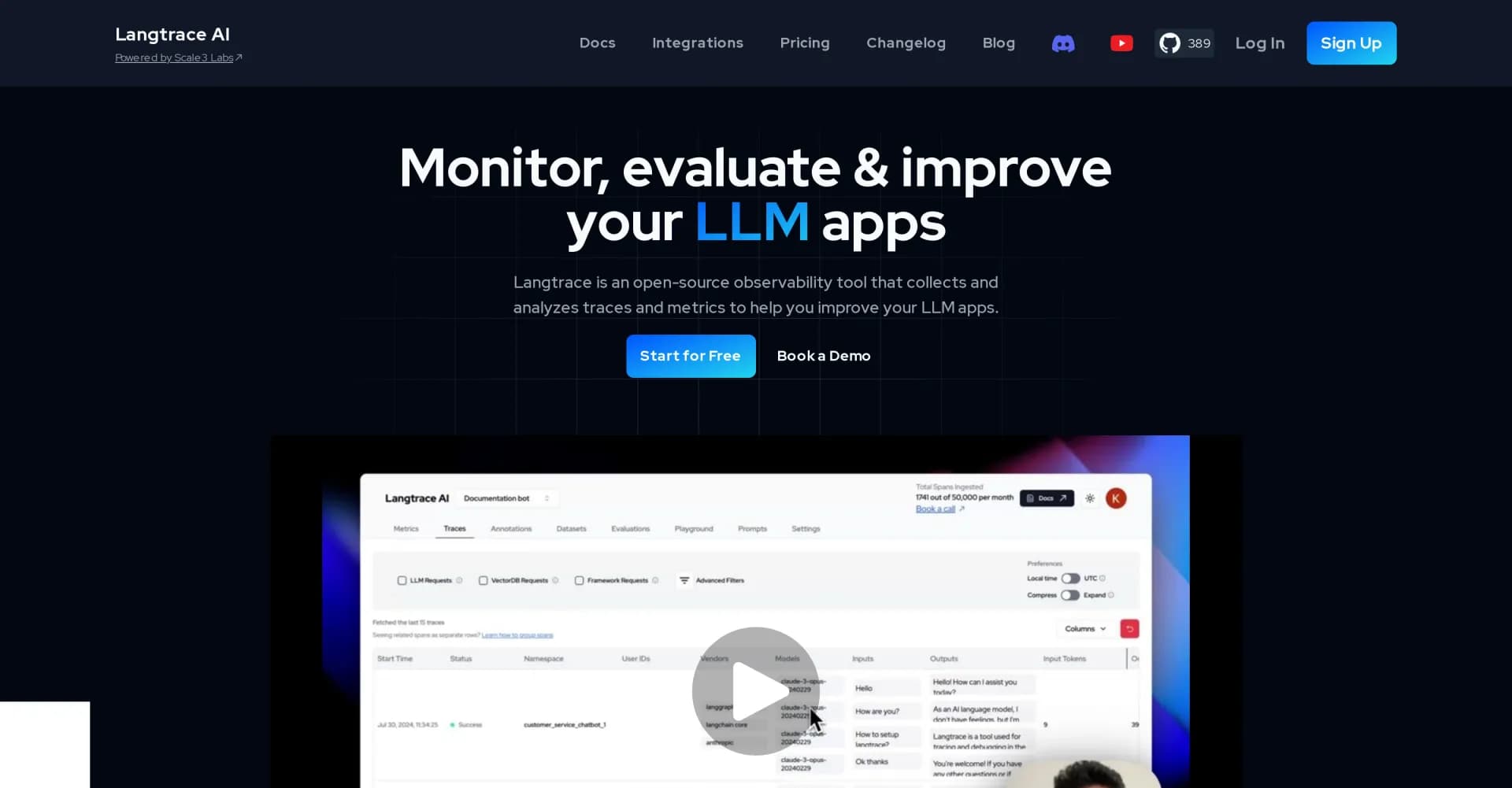 Langtrace AI homepage screenshot — Monitor, evaluate & improve your LLM apps