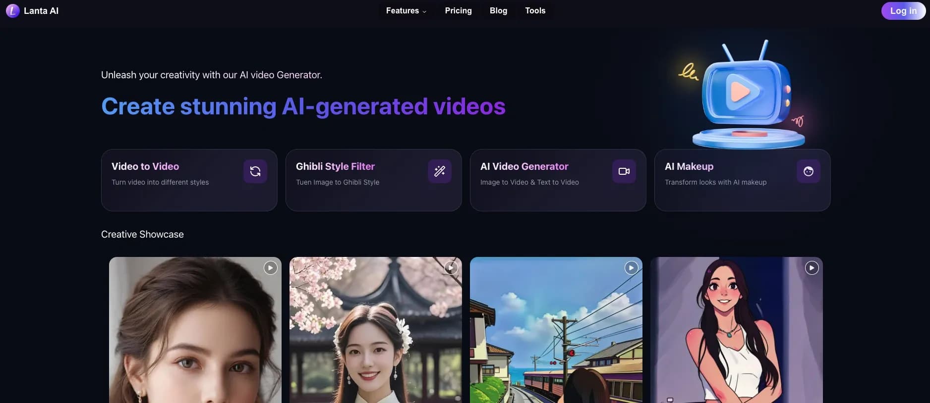 Lanta AI homepage screenshot — Transform videos, images, or text into AI-generated videos.
