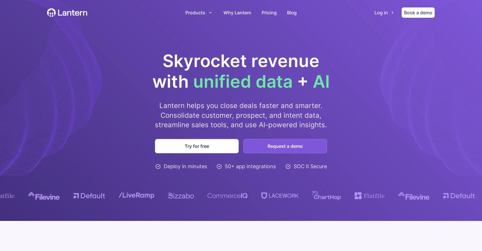 Lantern homepage screenshot — Close deals faster with unified data and AI insights.