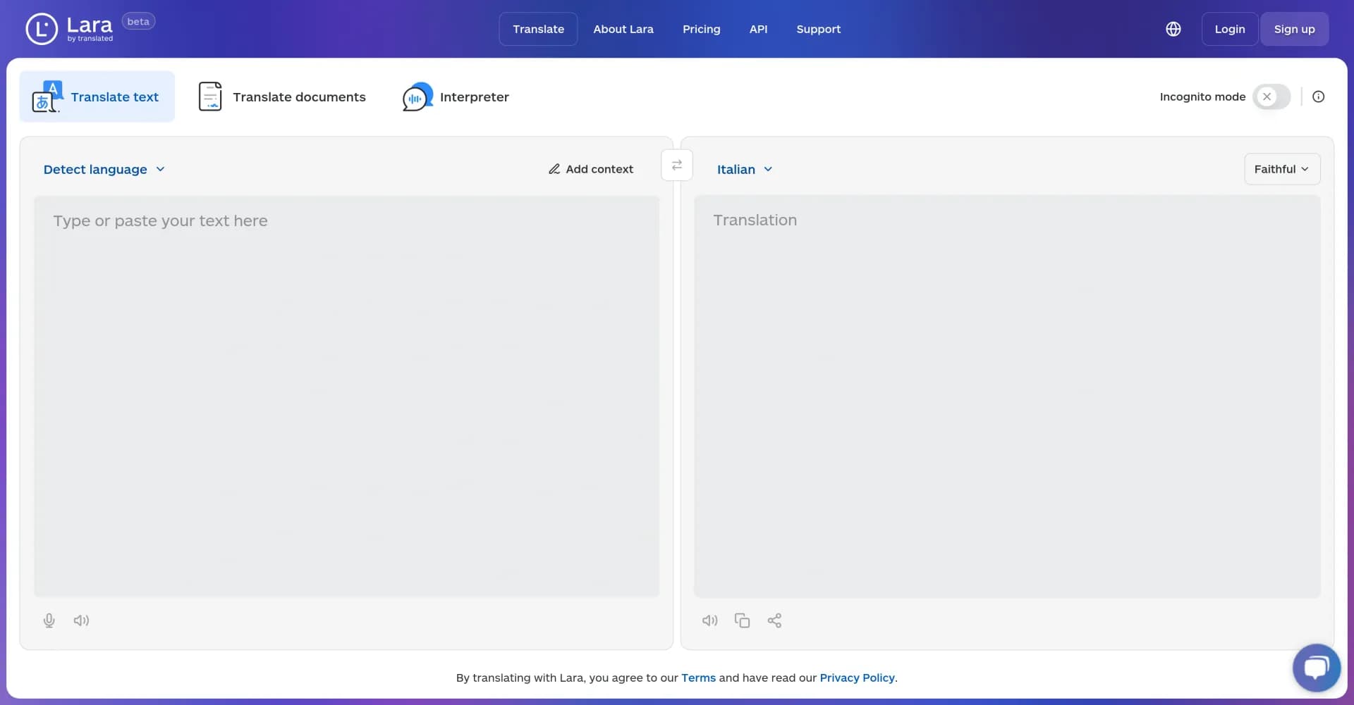 Lara Translate homepage screenshot — High-quality, AI-powered translations you can trust.