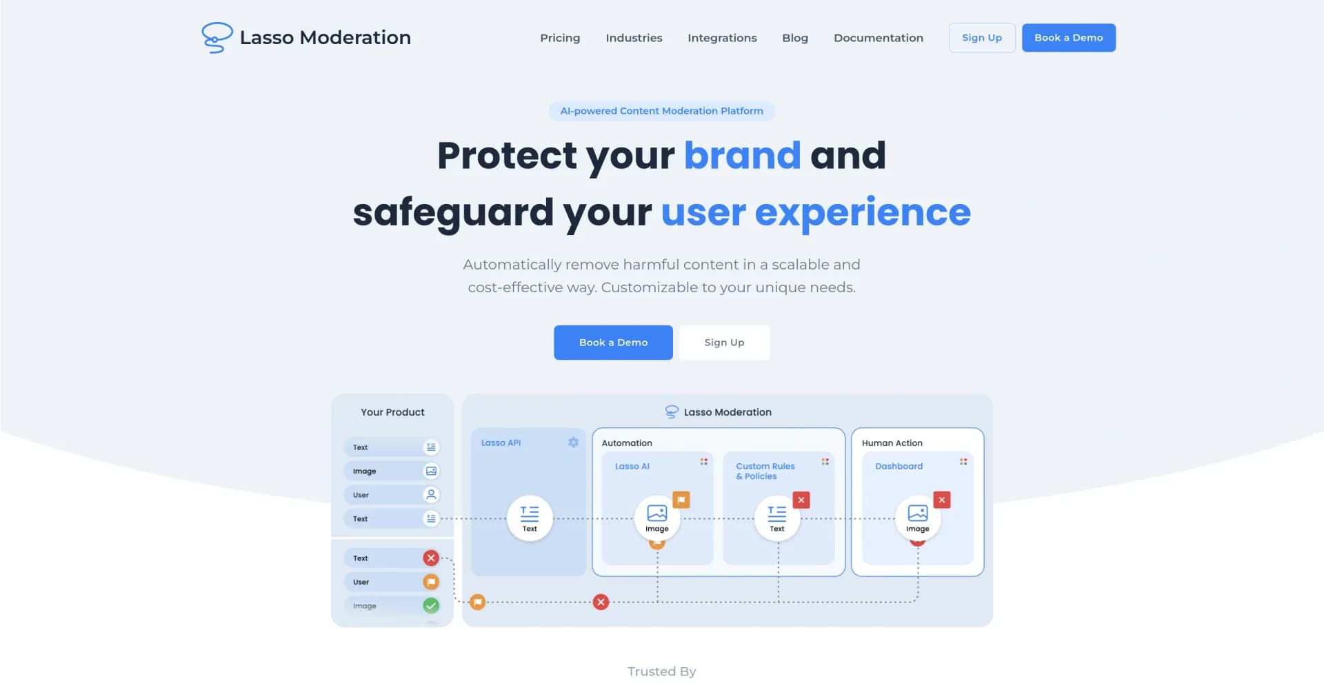 Lasso Moderation homepage screenshot — AI-powered content moderation to protect brands and users.