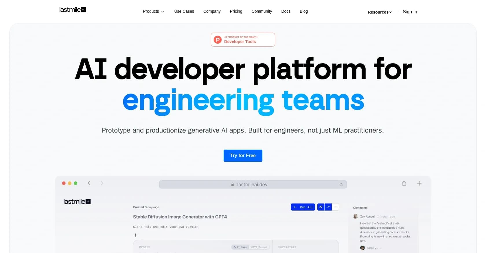 LastMile homepage screenshot — Prototype and deploy generative AI apps for engineers.