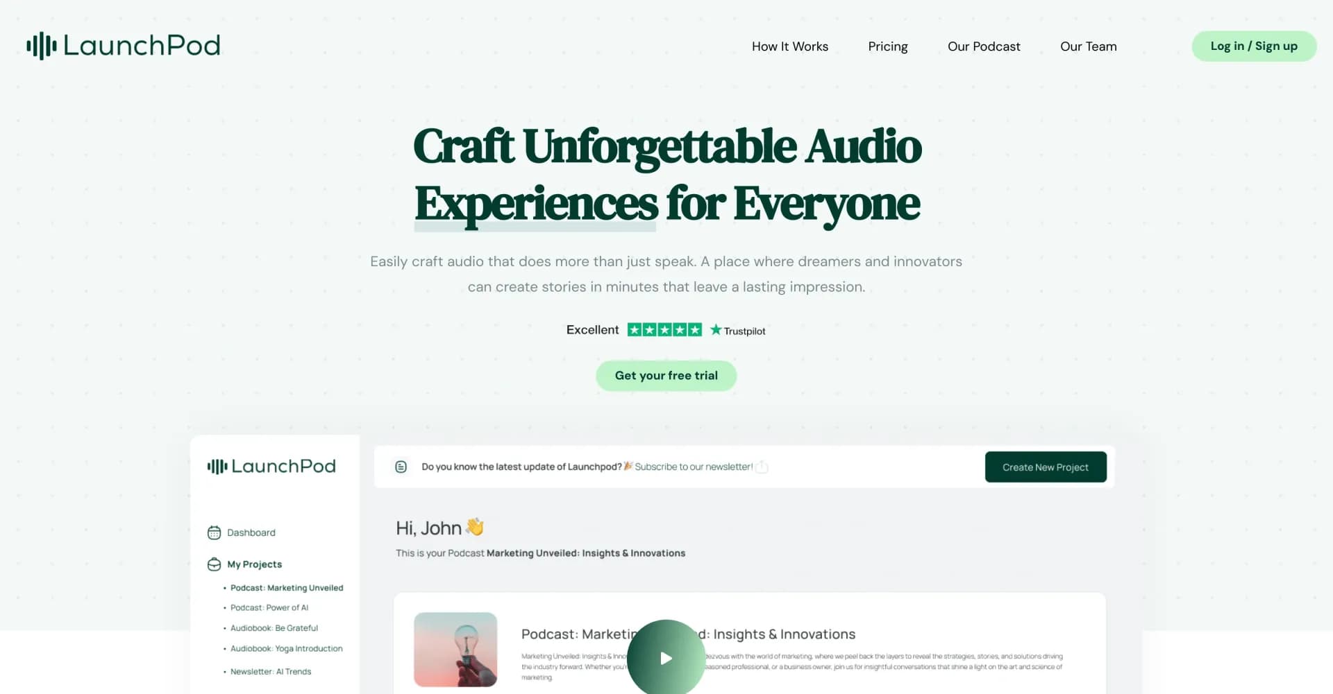 LaunchPod homepage screenshot — Craft unforgettable audio experiences in minutes.