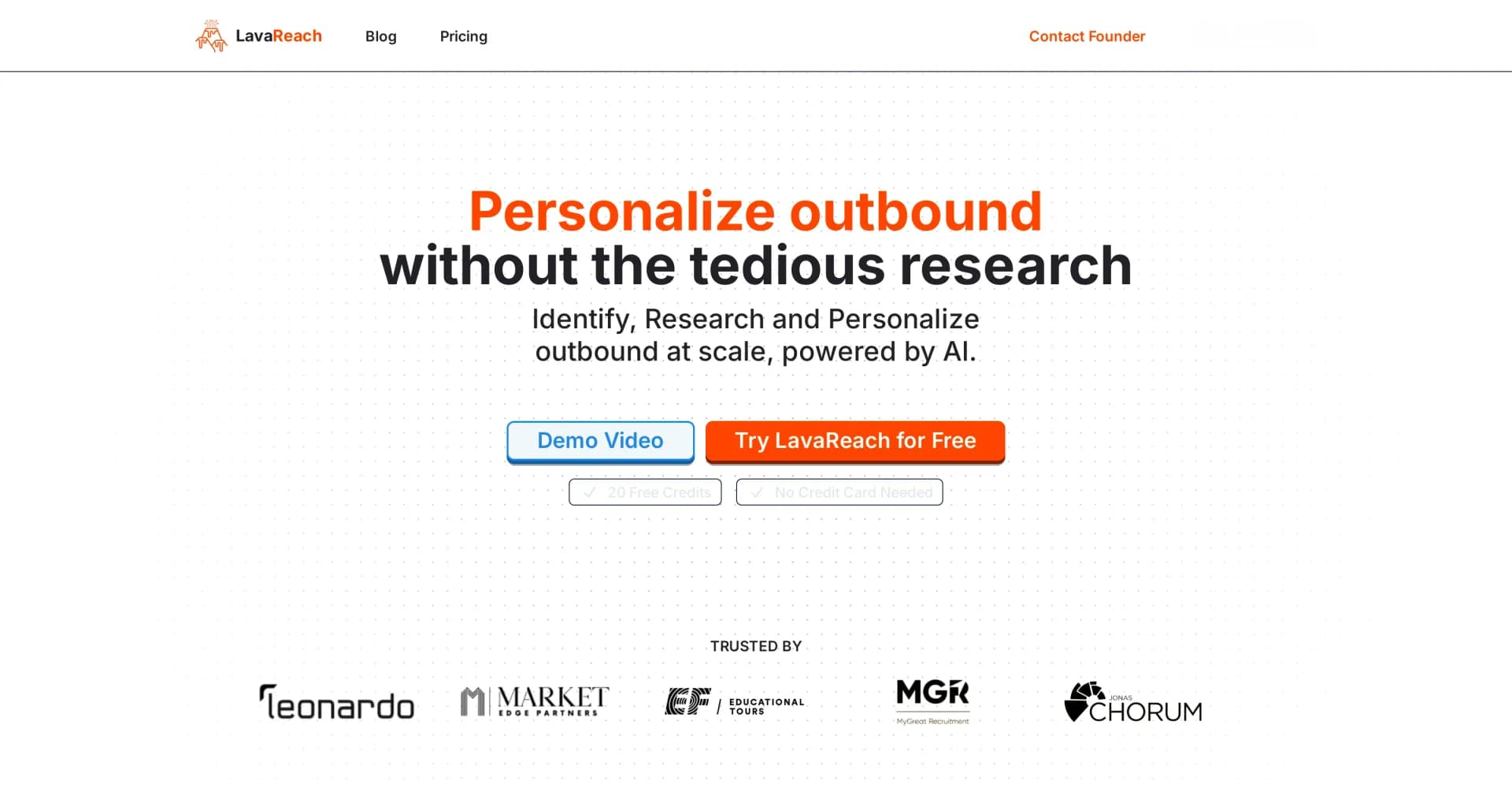 LavaReach homepage screenshot — AI-powered prospect research for personalized outbound sales