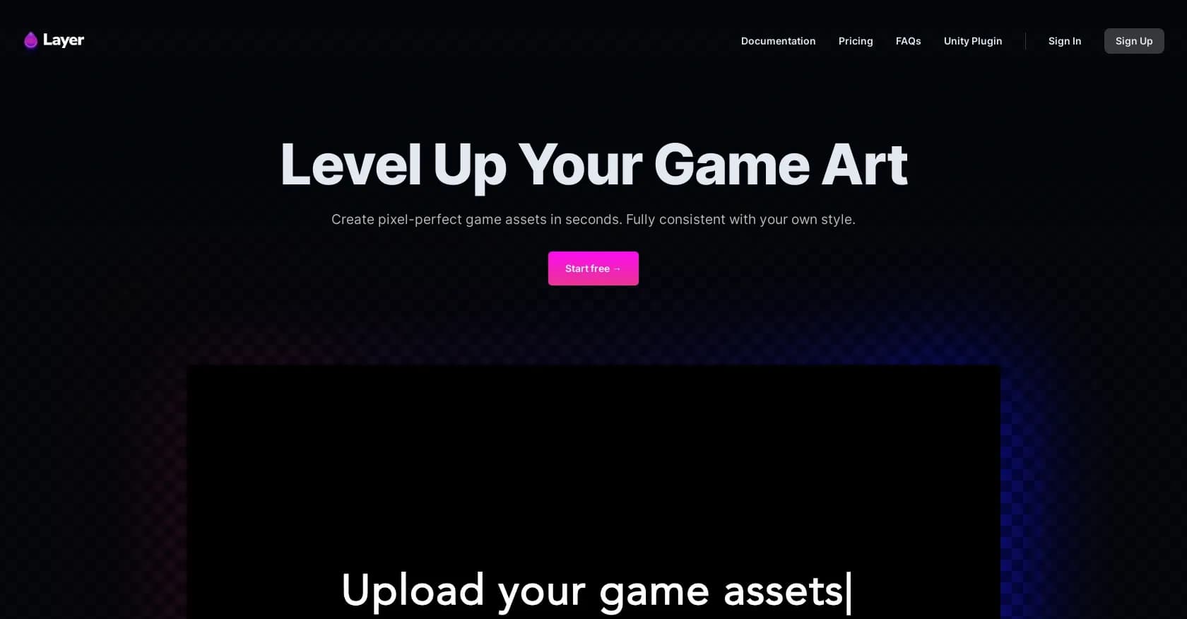 Layer AI homepage screenshot — Generate pixel-perfect game assets instantly in your style.