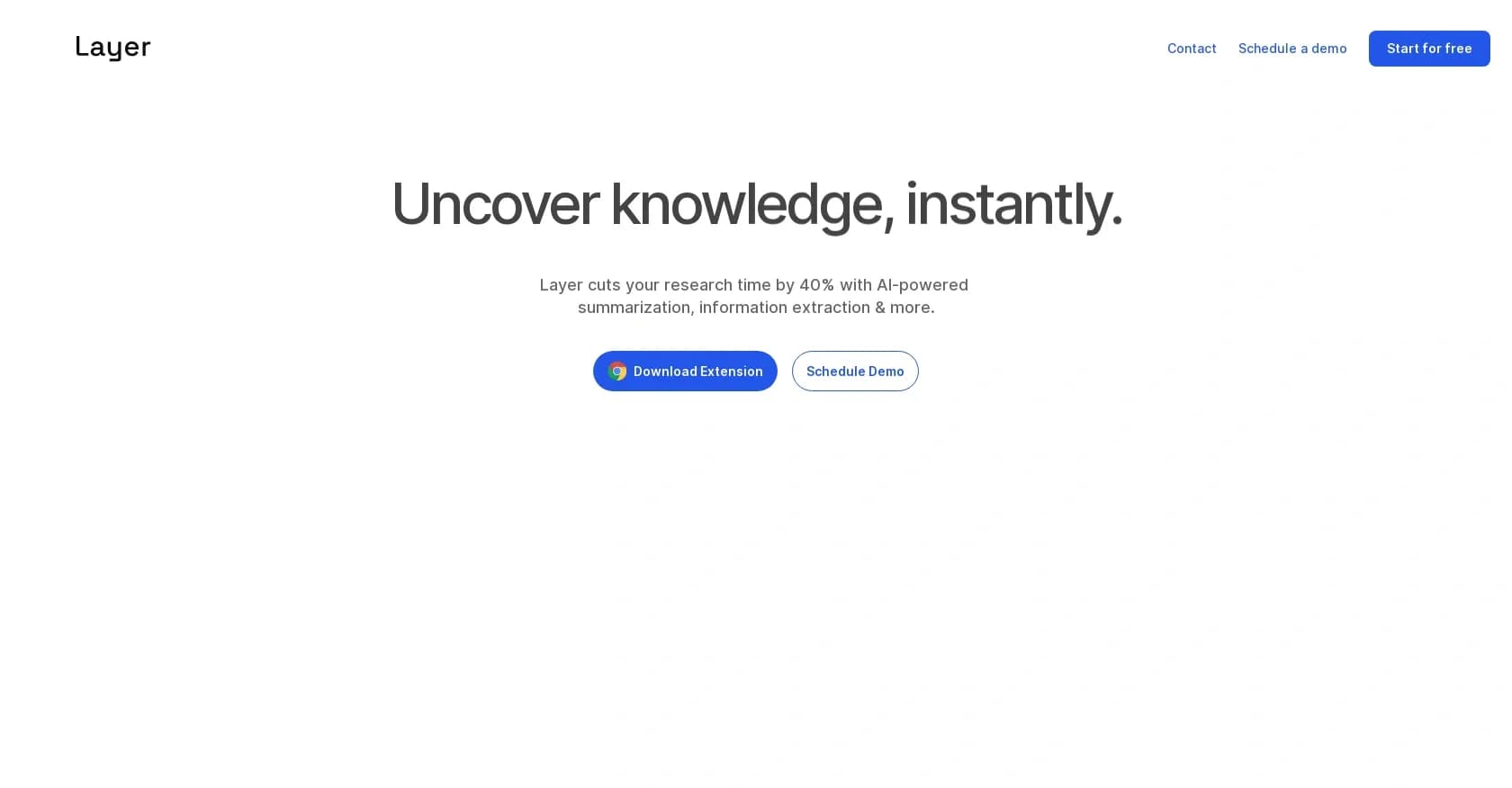Layer | AI research assistant homepage screenshot — Reports generator for uncovering insights from research.