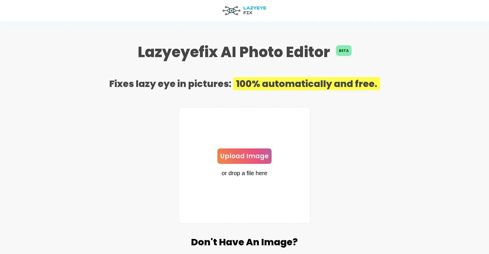 Lazyeyefix homepage screenshot — Fix lazy eye in photos instantly with AI