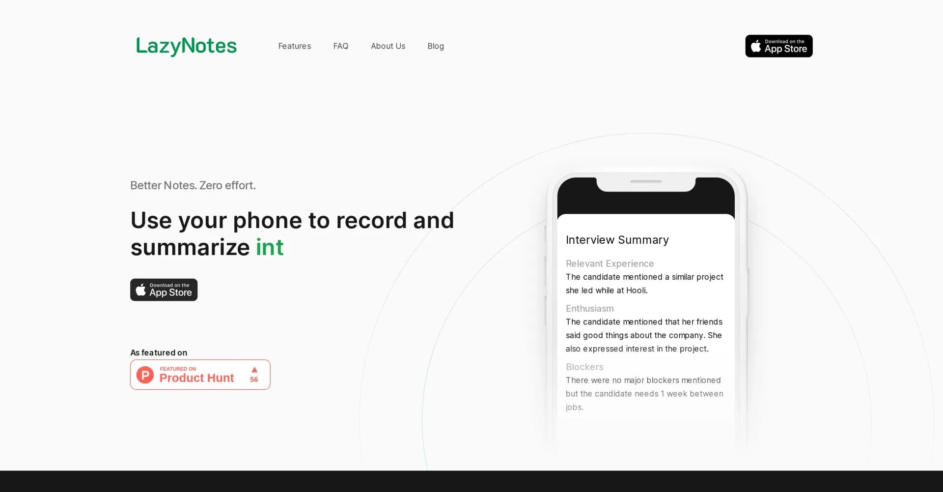 LazyNotes homepage screenshot — AI-powered meeting summaries with zero effort