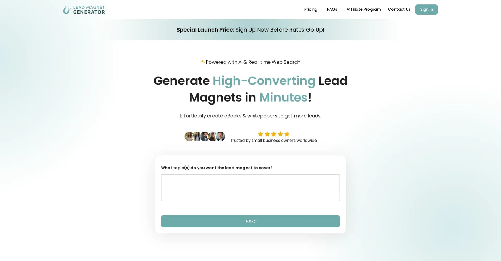 Lead Magnet Generator homepage screenshot — Generate high-converting lead magnets in minutes