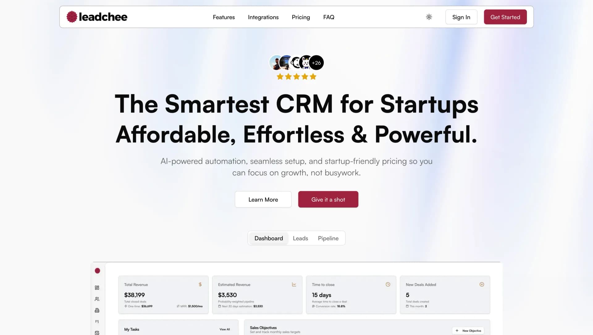 Leadchee homepage screenshot — The modern CRM that helps you close