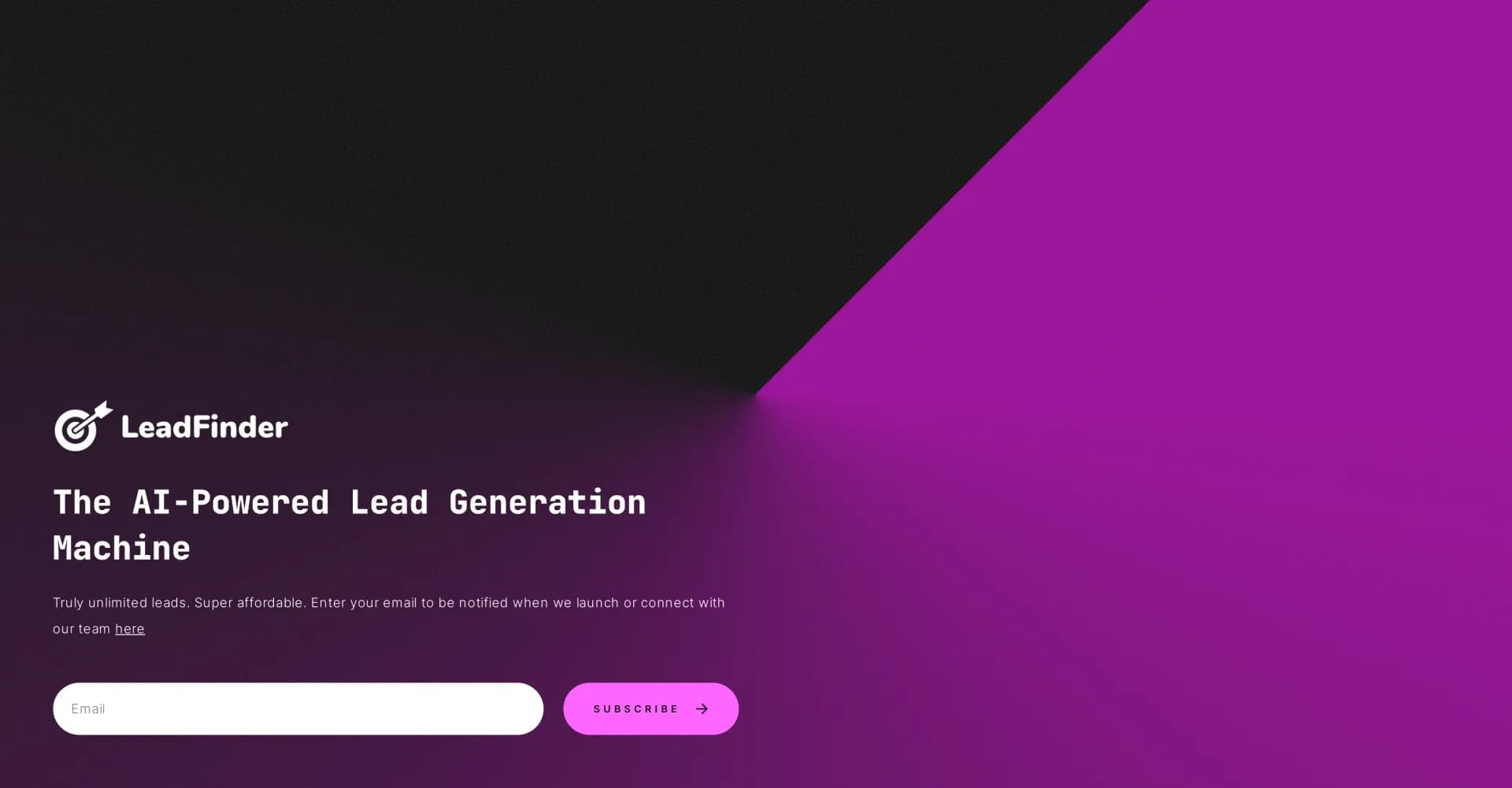 LeadFinder homepage screenshot — AI-Powered Lead Generation Machine