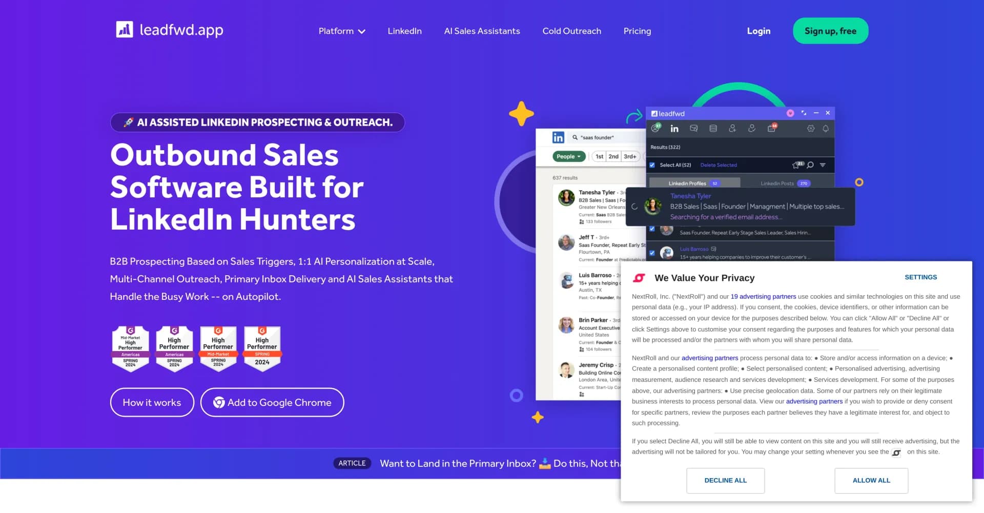 Leadfwd homepage screenshot — Supercharge B2B sales with AI-driven LinkedIn prospecting an
