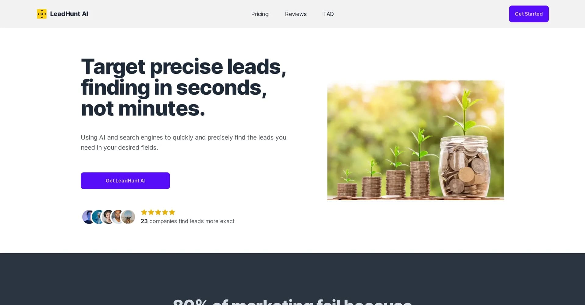 LeadHunt AI homepage screenshot — Revolutionizing lead generation with advanced AI technology.