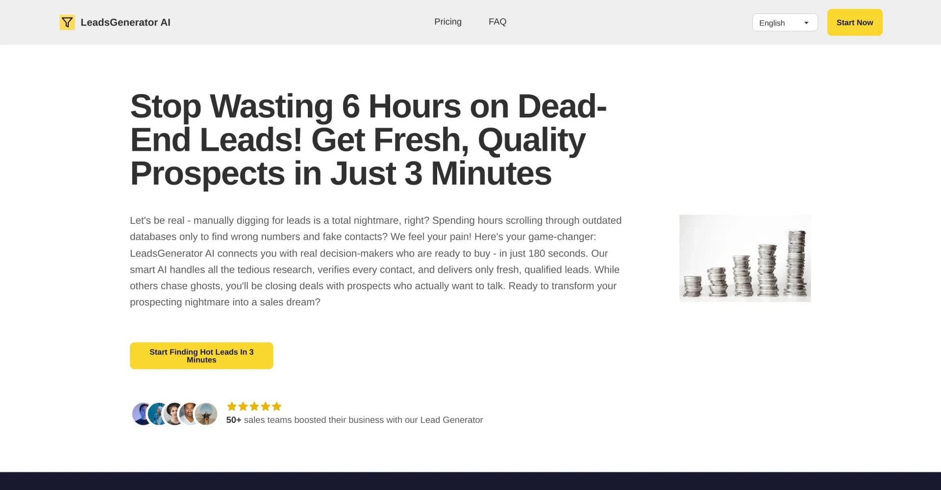 LeadsGenerator AI homepage screenshot — AI-powered lead generation in minutes, not hours.