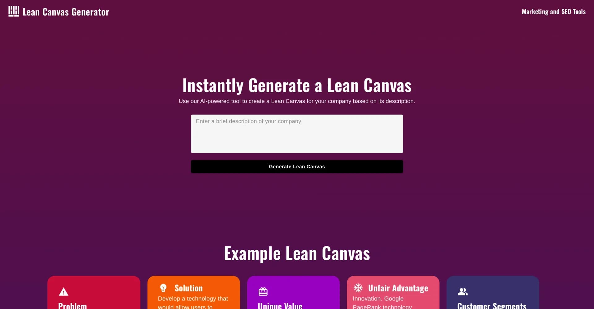 Lean Canvas homepage screenshot — Generate lean canvases with AI