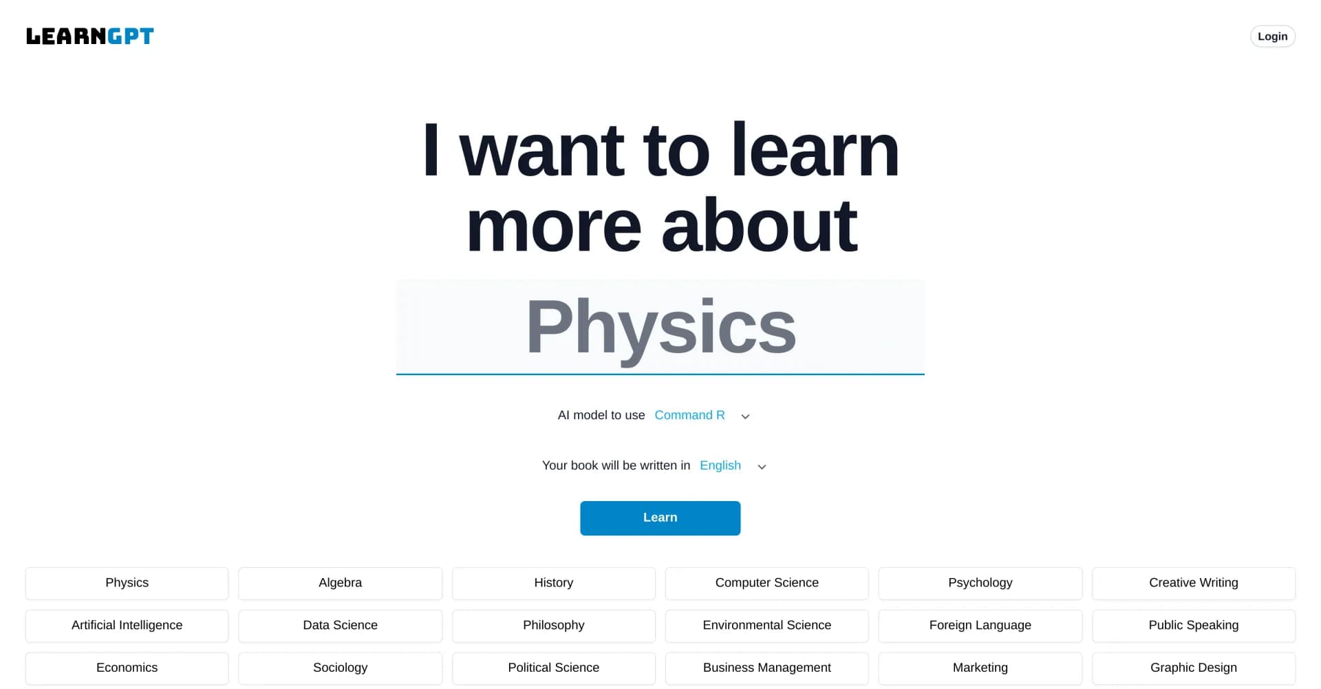LearnGPT homepage screenshot — Learn any topic with AI-powered guidance