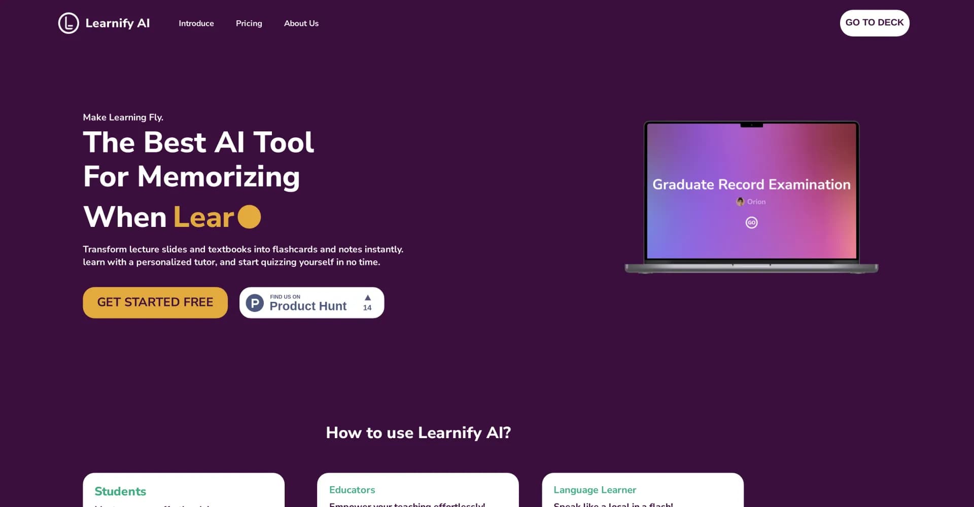 Learnify AI homepage screenshot — Study smarter, not harder.