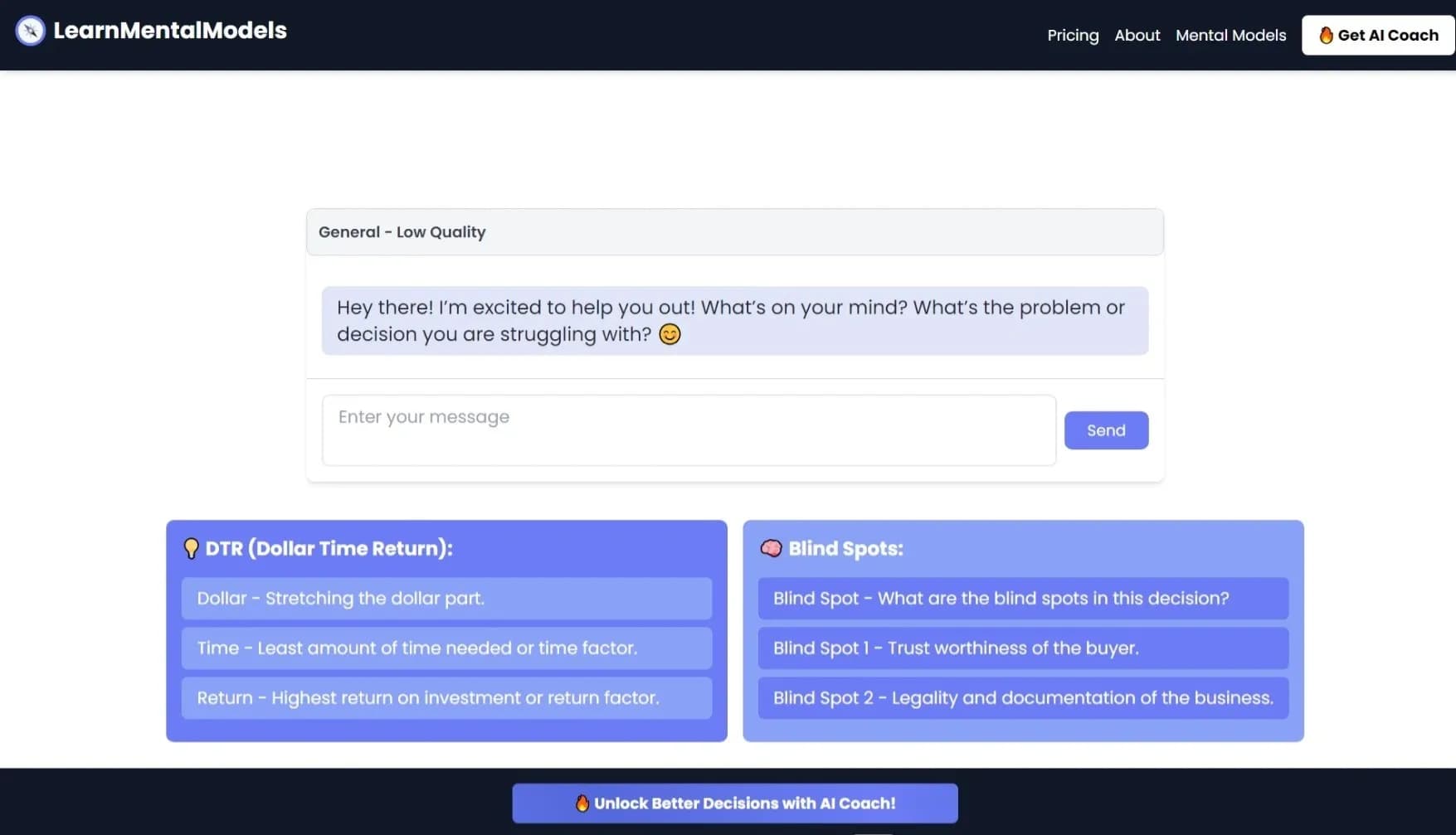 LearnMentalModels homepage screenshot — Clarity in 3 Steps: Your AI Decision Coach