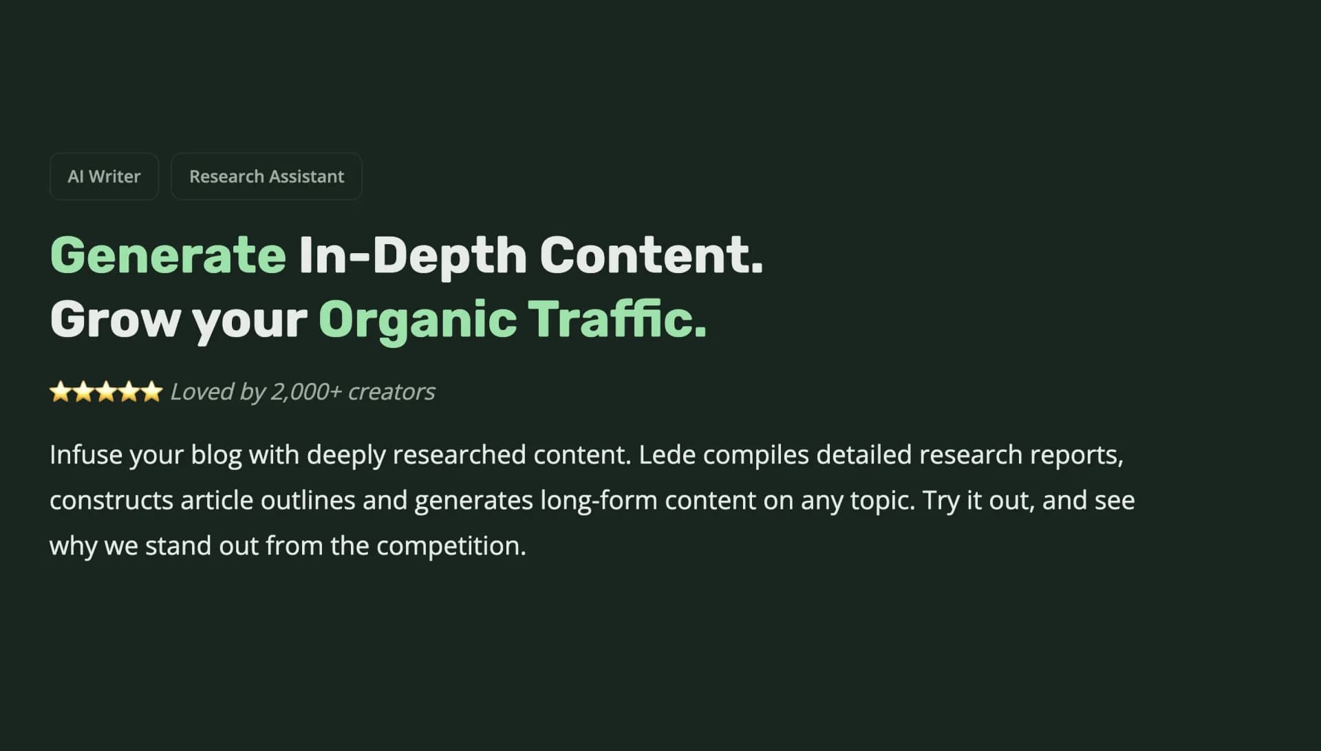 Lede homepage screenshot — Create In-Depth Content. Grow Your Organic Traffic.