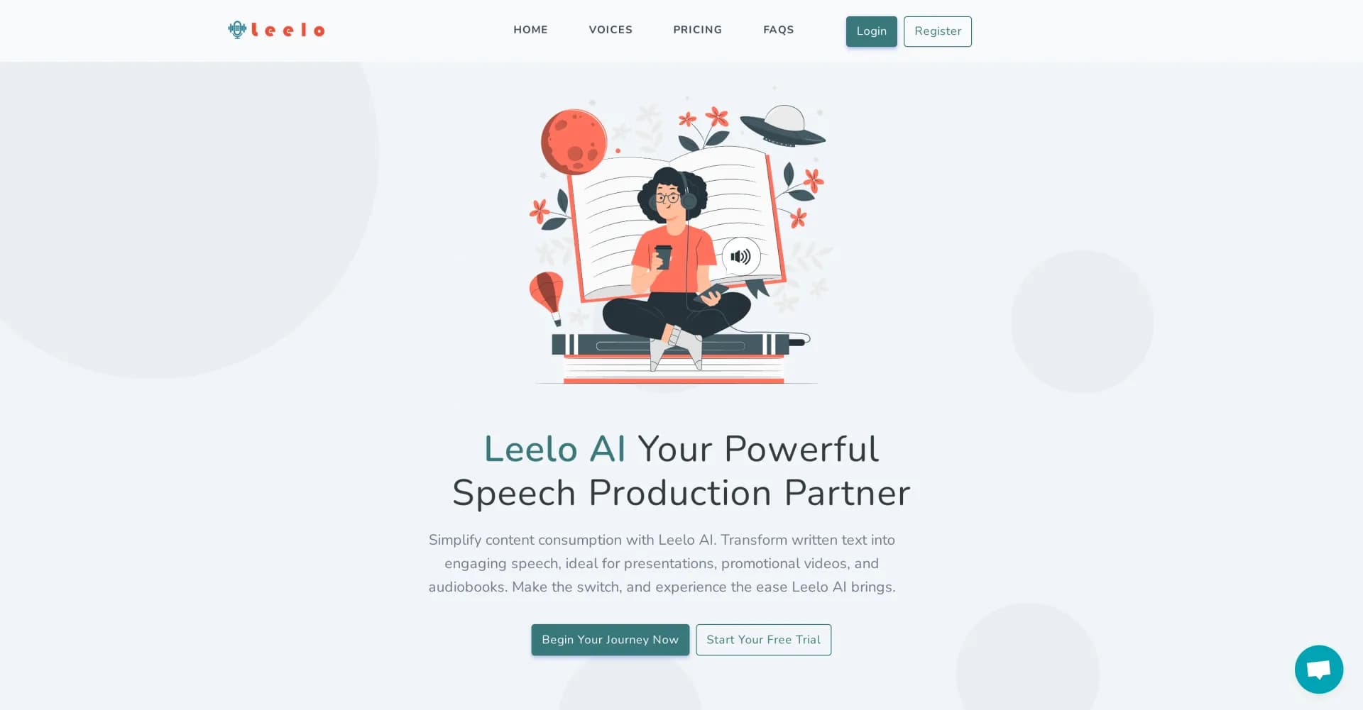 Leelo homepage screenshot — AI-powered text-to-speech for business audio