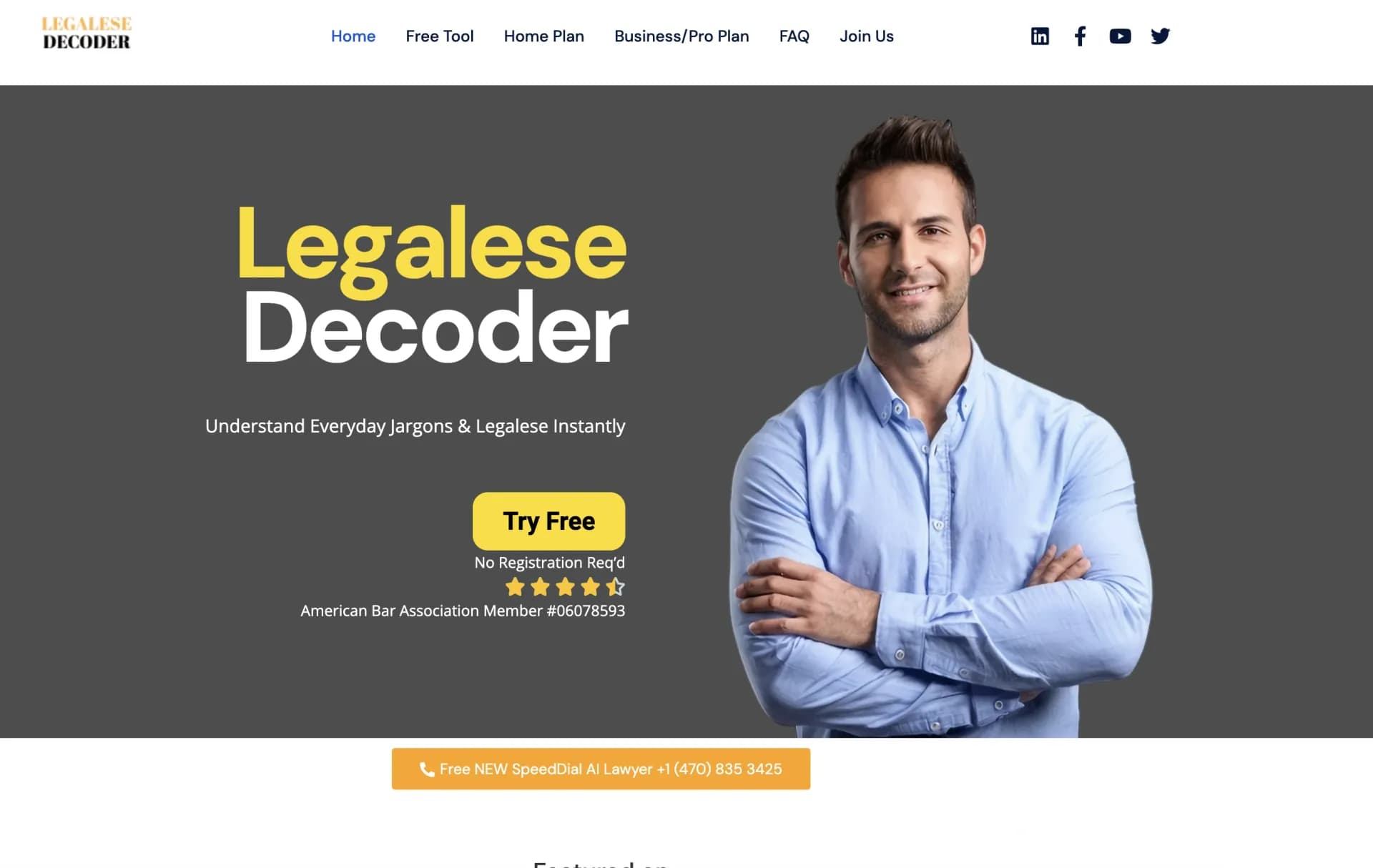 Legalese Decoder - AI Lawyer on Speed Dial homepage screenshot — Legal docs simplified w/ plain language definitions.