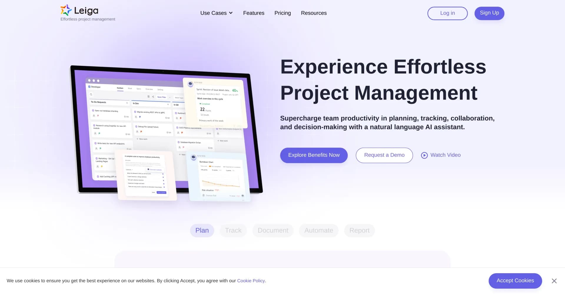 Leiga homepage screenshot — AI-powered project management for effortless updates.