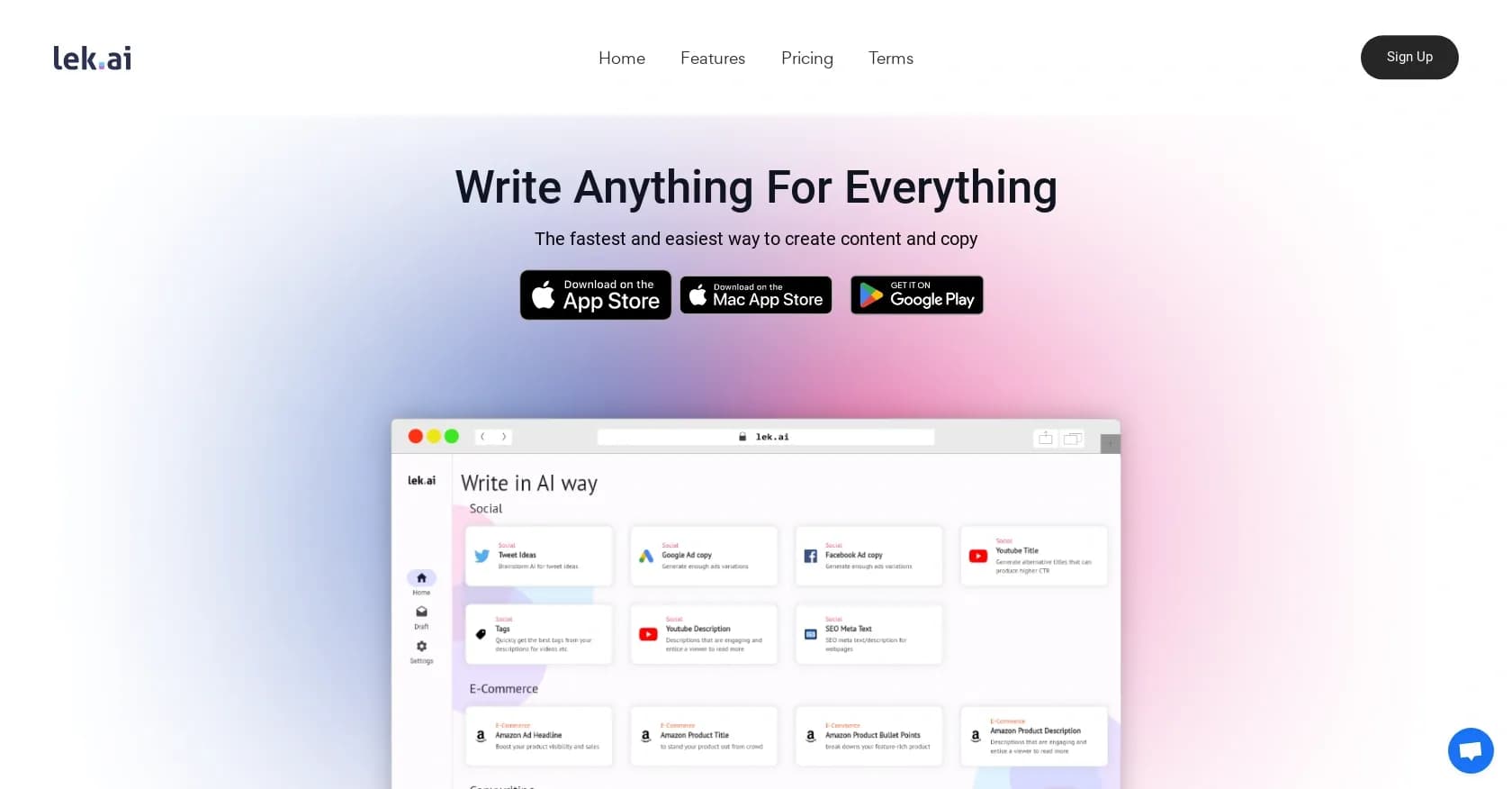 Lek homepage screenshot — Write anything for everything, faster and easier.
