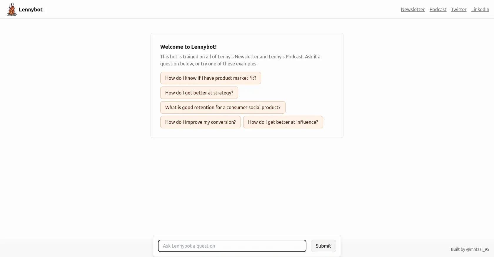 Lennybot homepage screenshot — AI chatbot for Lenny's product insights