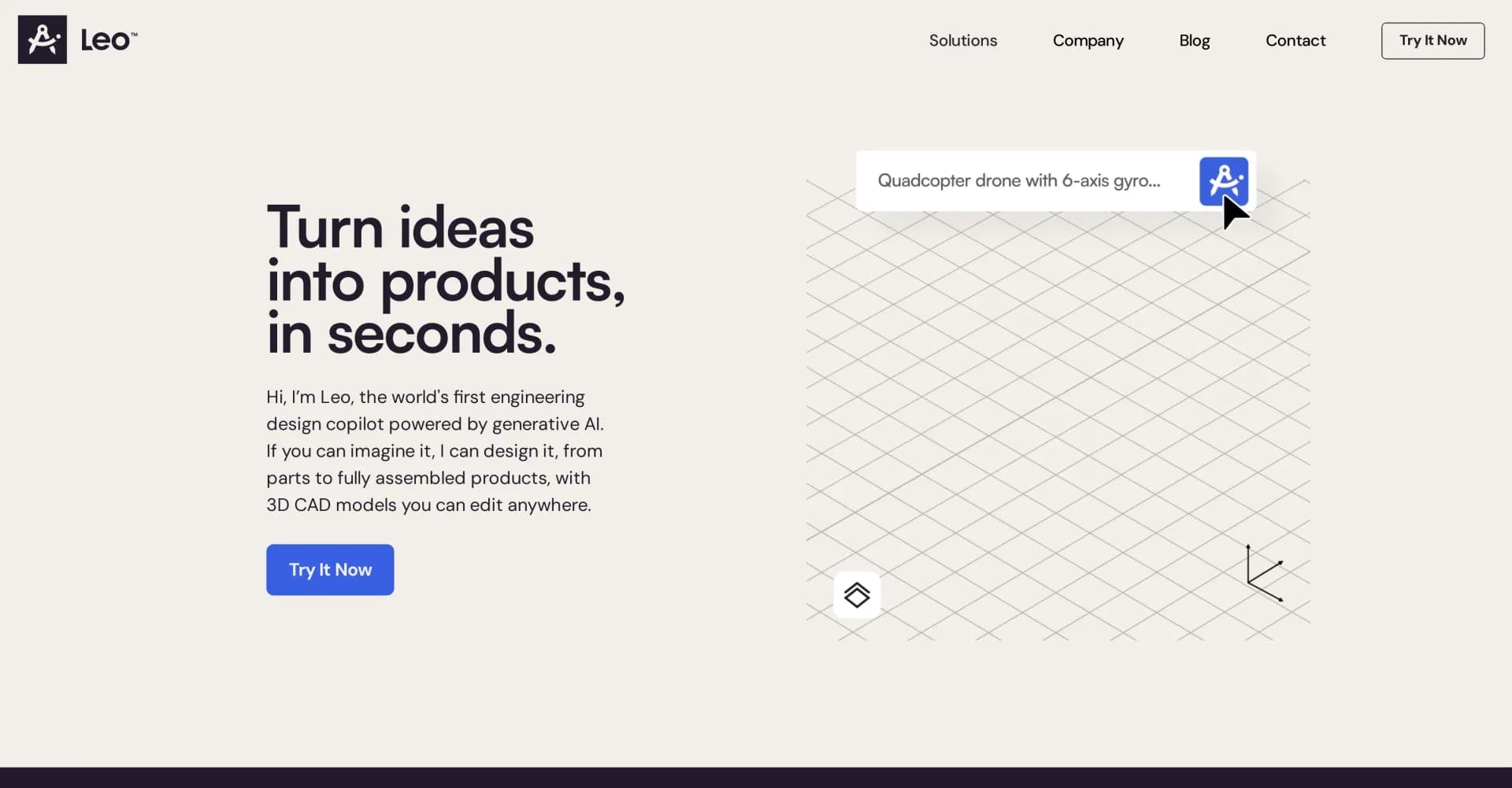 Leo.AI homepage screenshot — Turn ideas into products in seconds with AI-powered design.