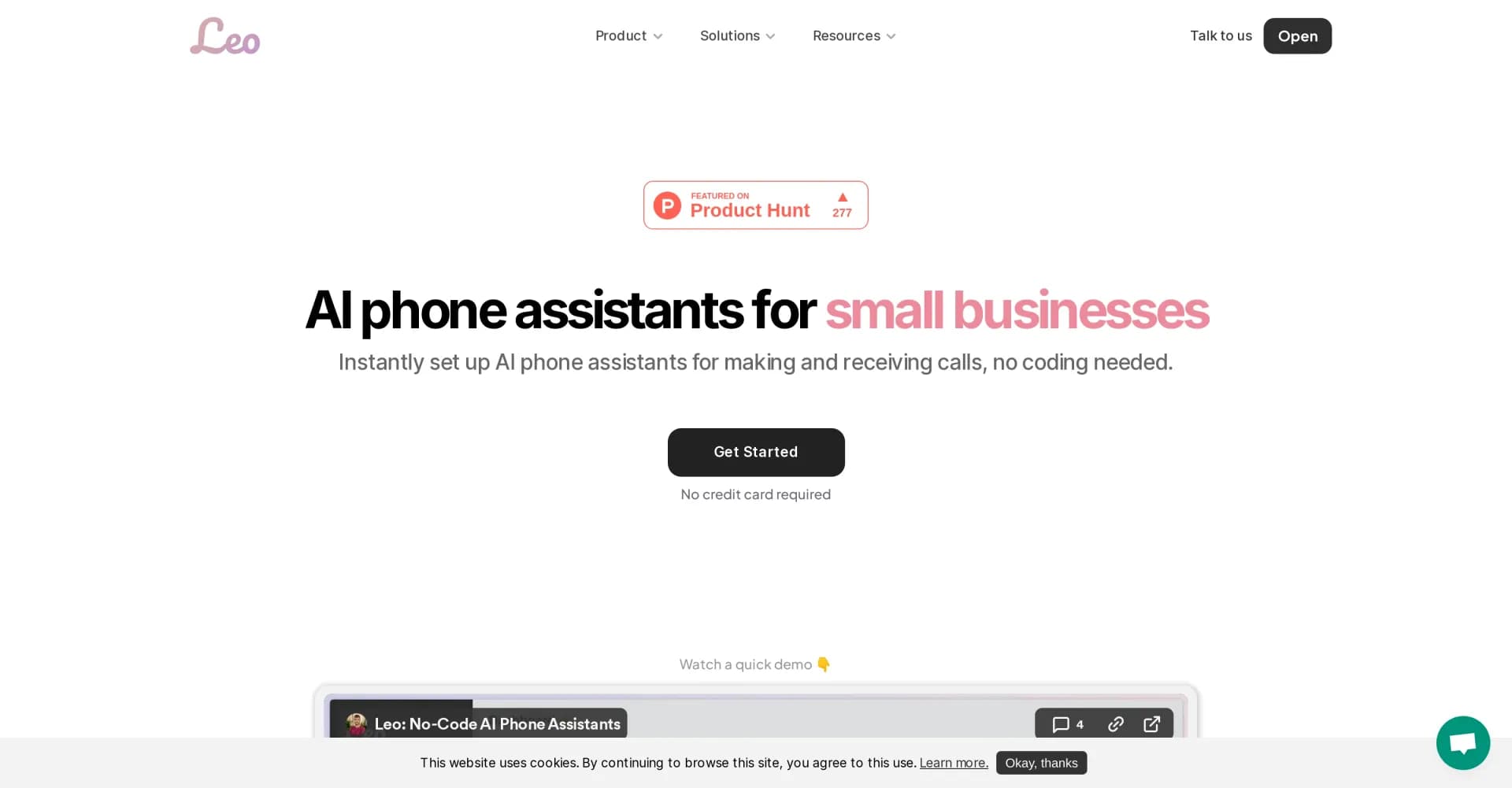 Leo: AI Phone Assistants for Small Businesses homepage screenshot — AI phone assistants for small businesses, no coding needed.