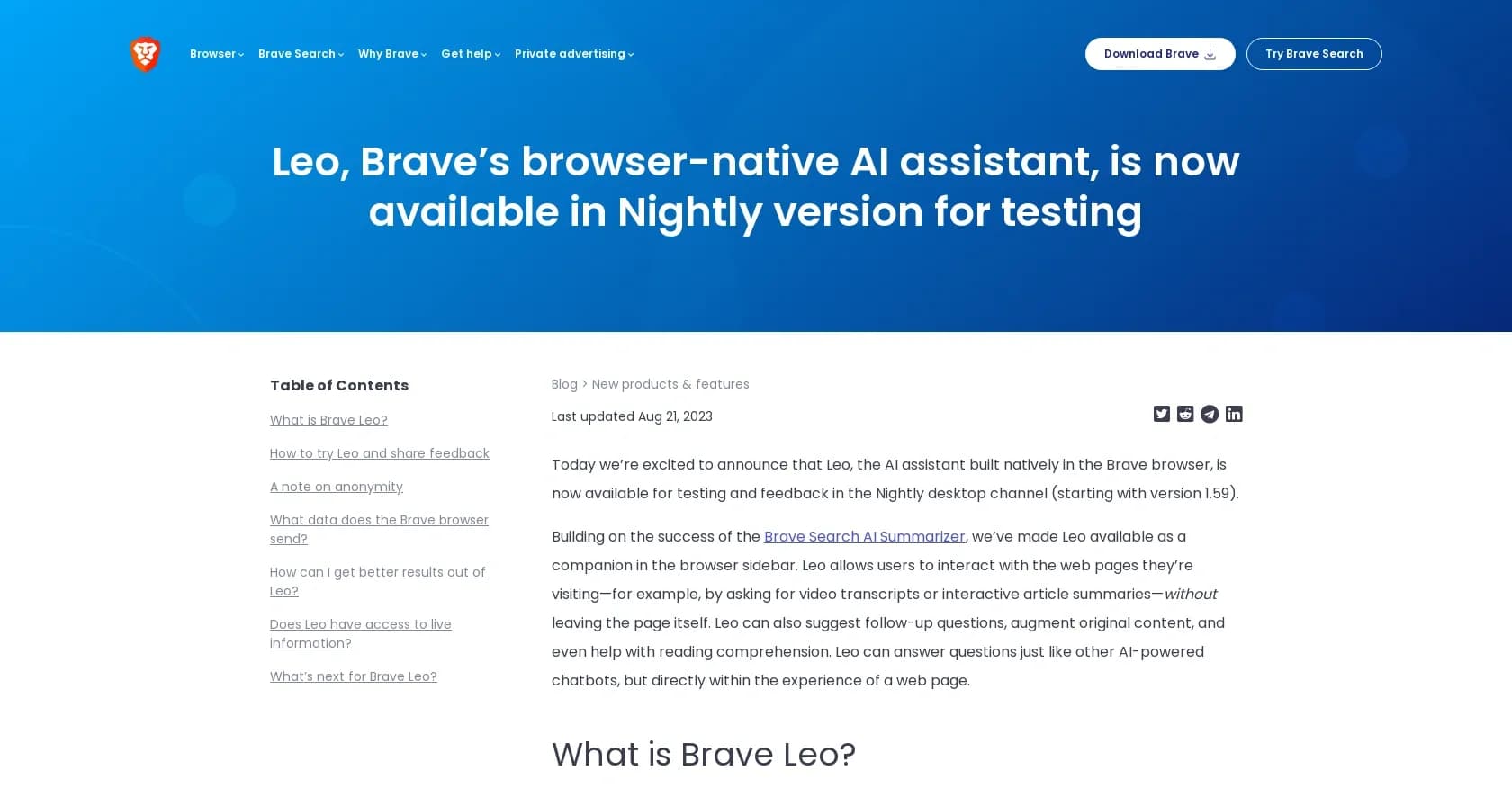 Leo homepage screenshot — AI assistant built into the Brave browser