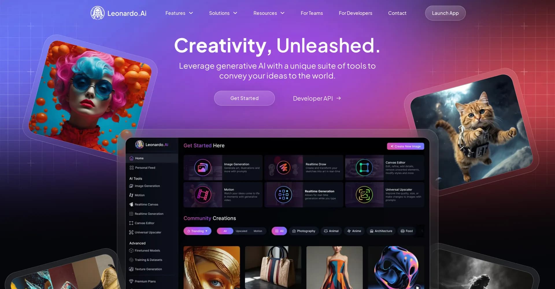 Leonardo AIv1.4 homepage screenshot — Create AI art, images, and videos with prompts