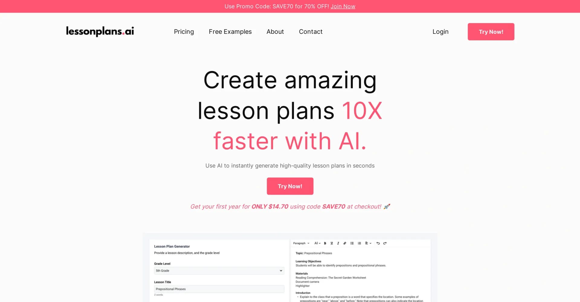 LessonPlans homepage screenshot — Create amazing lesson plans 10x faster with AI.