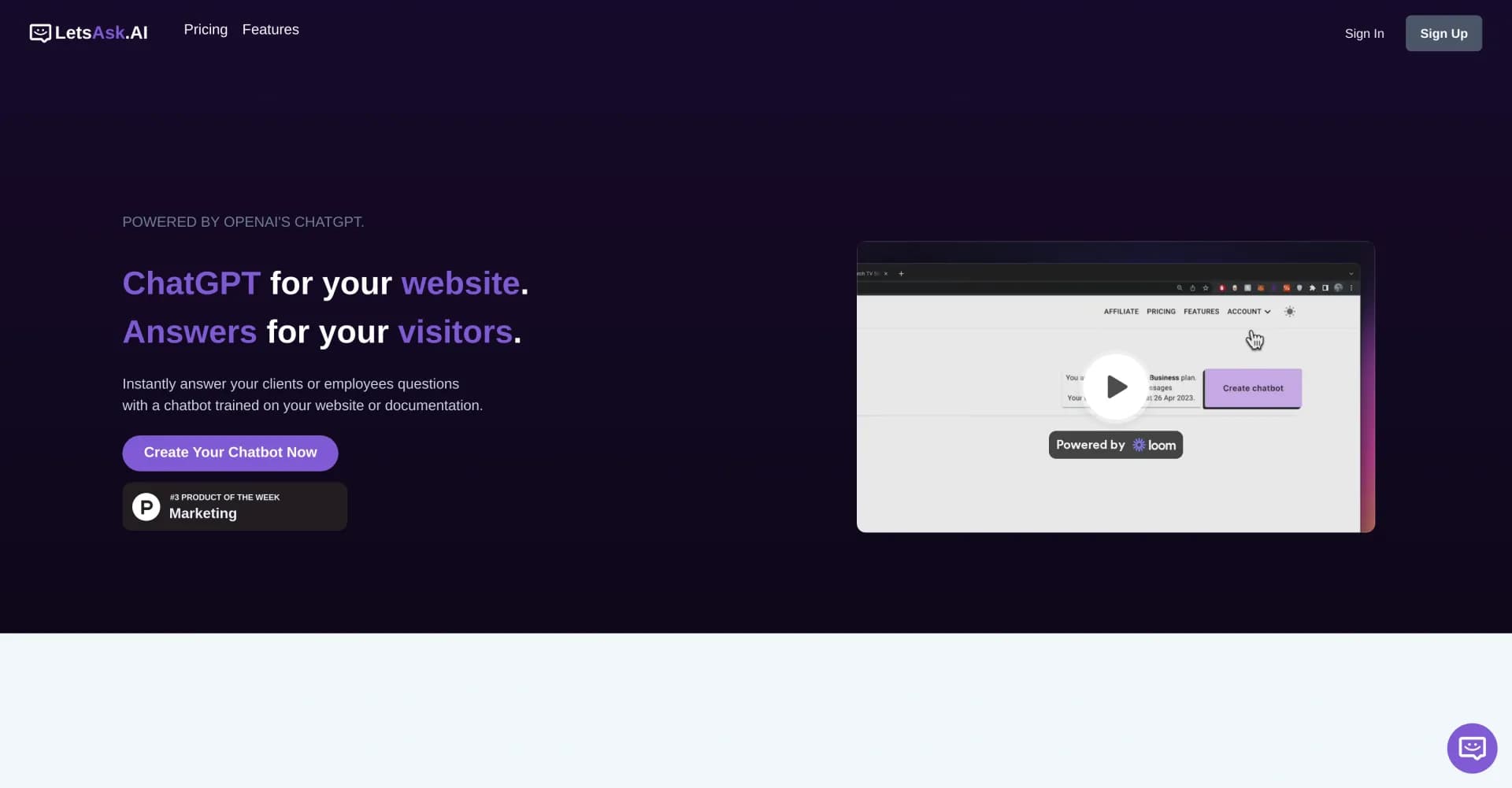 LetsAsk homepage screenshot — Build conversational chatbots without coding