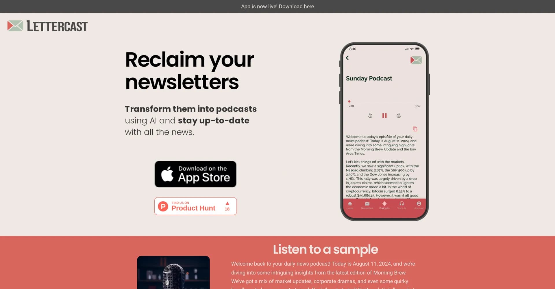 Lettercast homepage screenshot — Transform newsletters into personalized audio summaries.