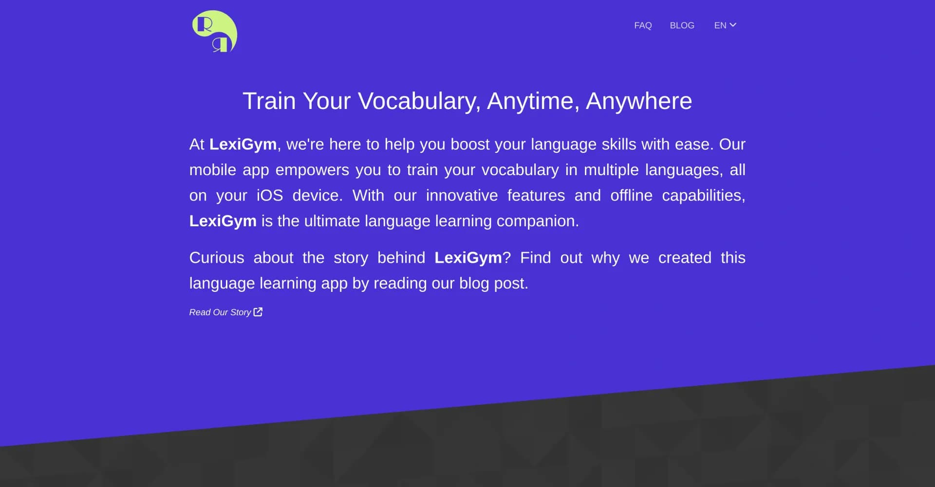 LexiGym homepage screenshot — Train your vocabulary, anytime, anywhere