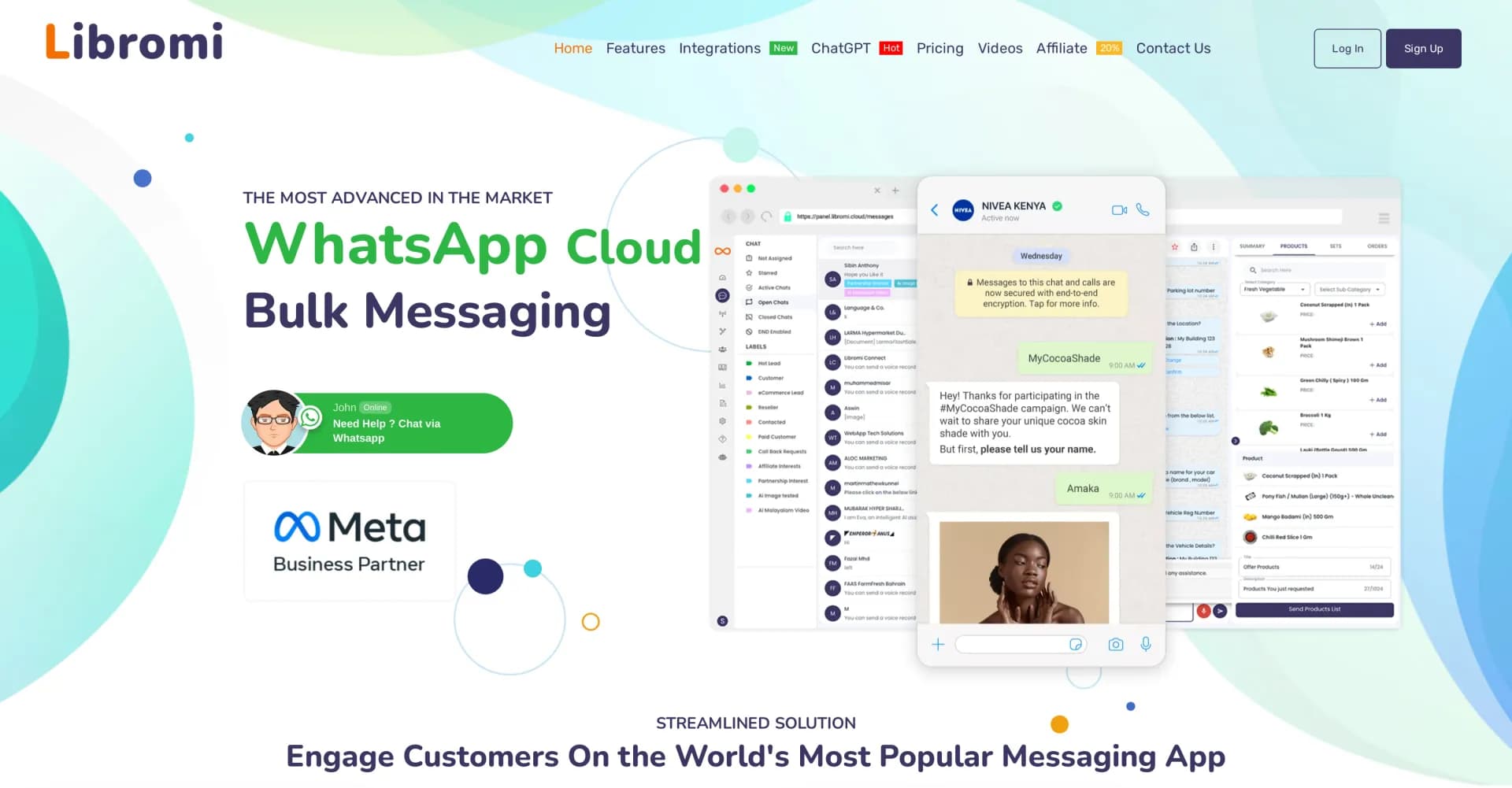 Libromi Connect homepage screenshot — AI-powered WhatsApp business platform for seamless communica