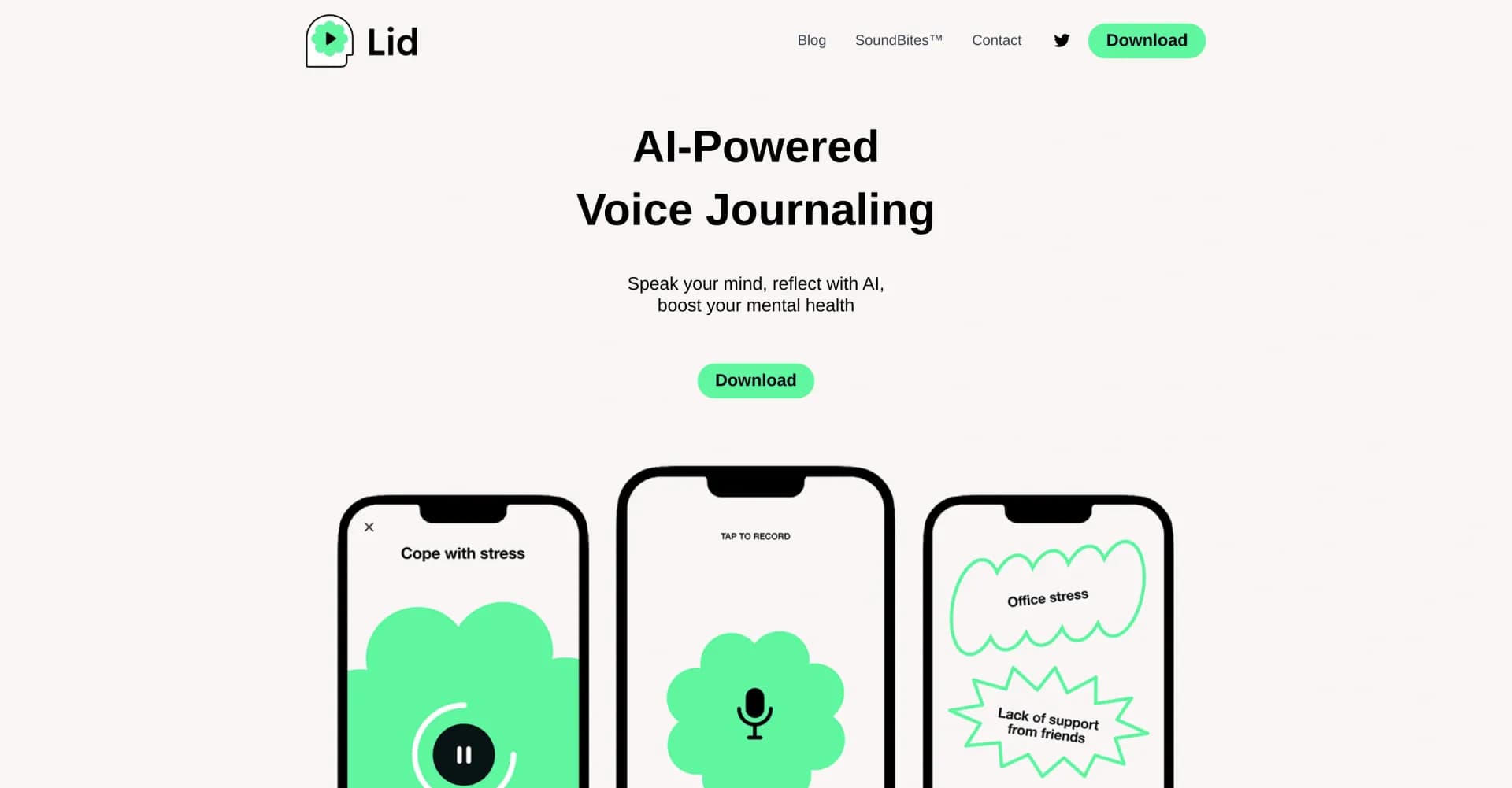 Lid homepage screenshot — Speak your mind, reflect with AI, boost your mental health.