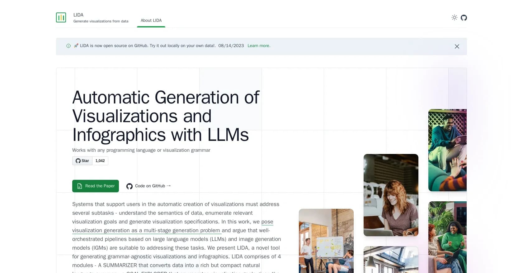 LIDA homepage screenshot — Generate visualizations from data using AI