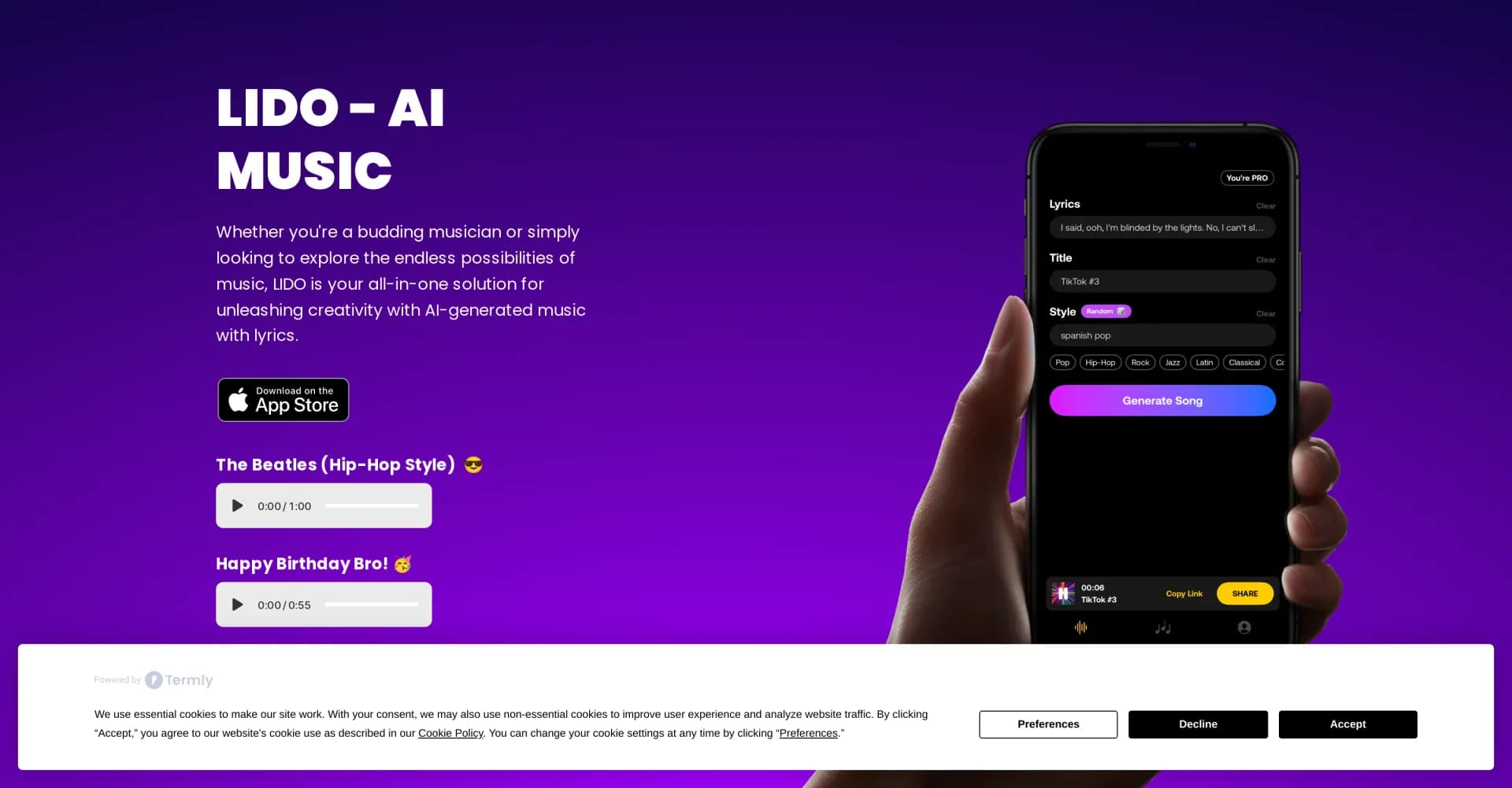 Lido homepage screenshot — Generate custom songs with AI in clicks