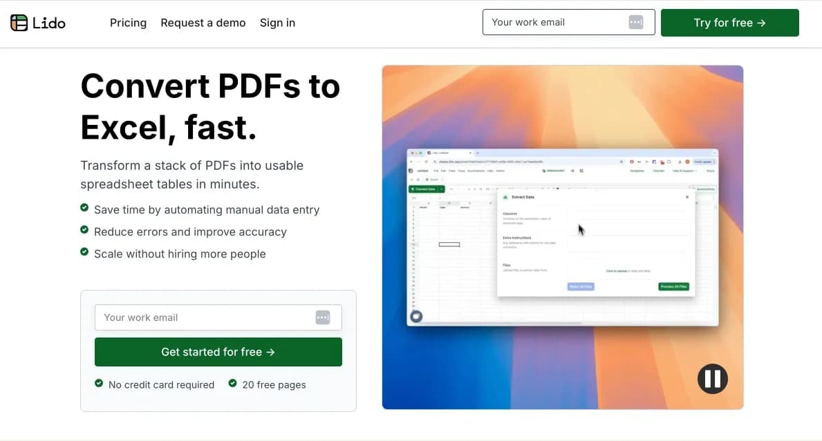 Lido Document Processingv1.2 homepage screenshot — Automate PDF data extraction with AI