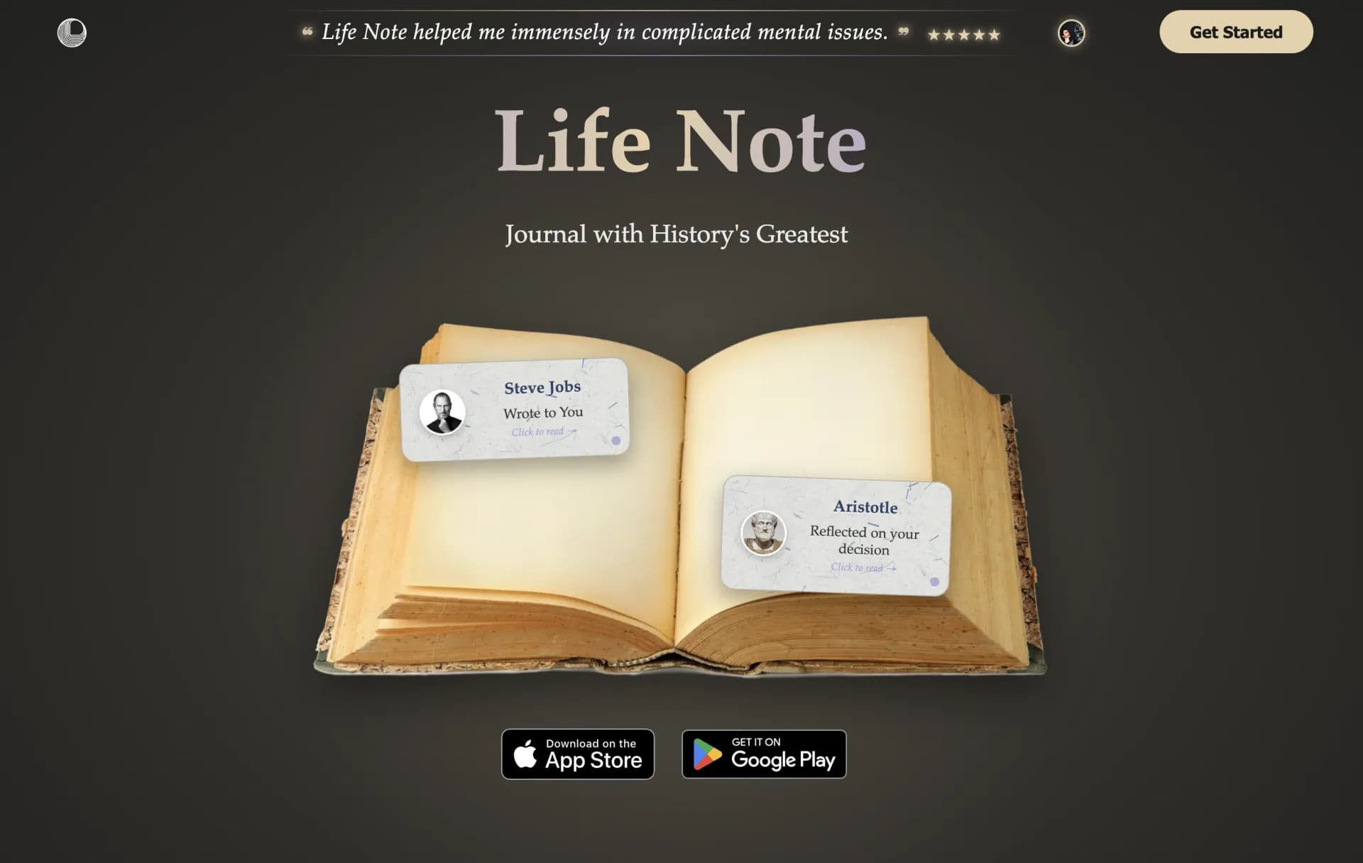 Life Notev1.0.16 homepage screenshot — Journal with the greatest minds in human history