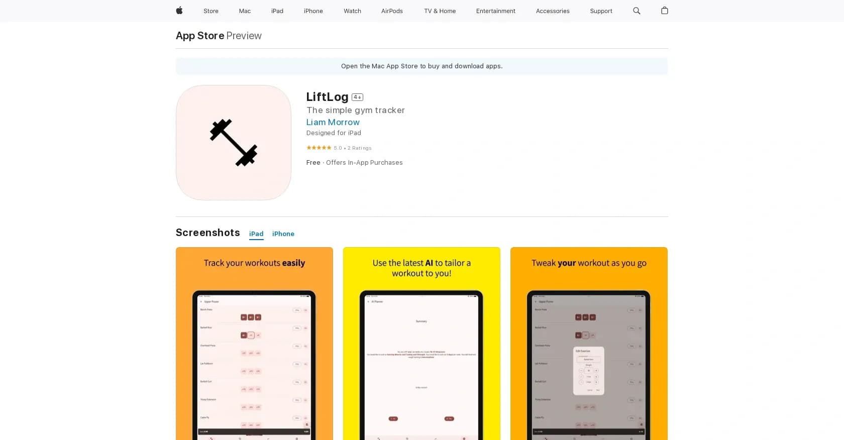 LiftLog homepage screenshot — Track lifting workouts, monitor progress.