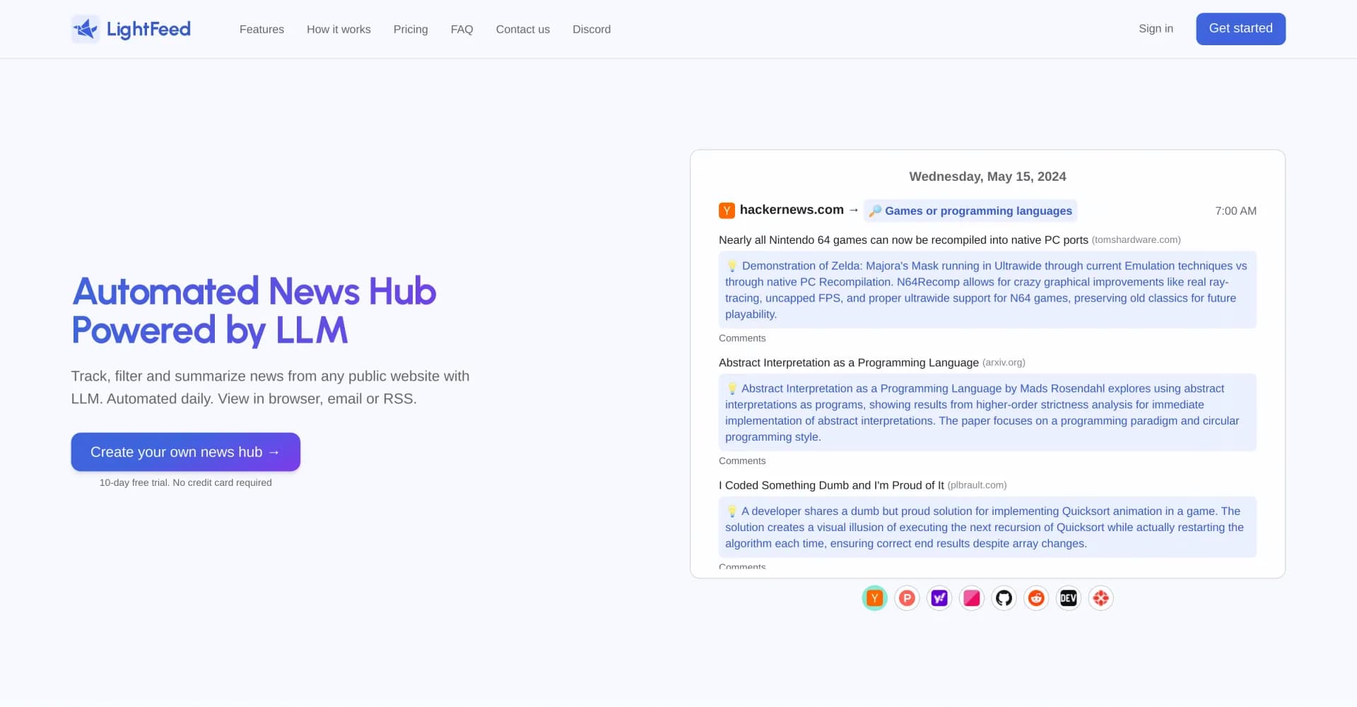 LightFeed homepage screenshot — Automated news hub with LLM-powered tracking and summaries