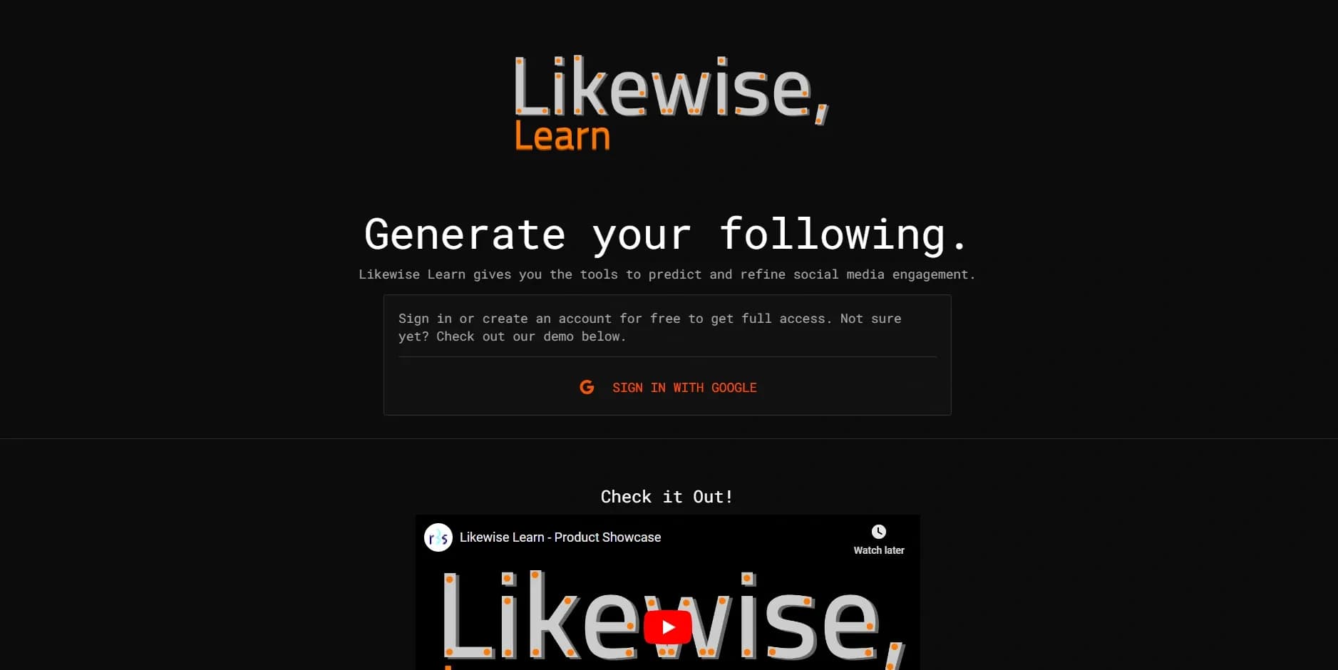 Likewise Learn homepage screenshot — Predict and boost social media engagement with AI